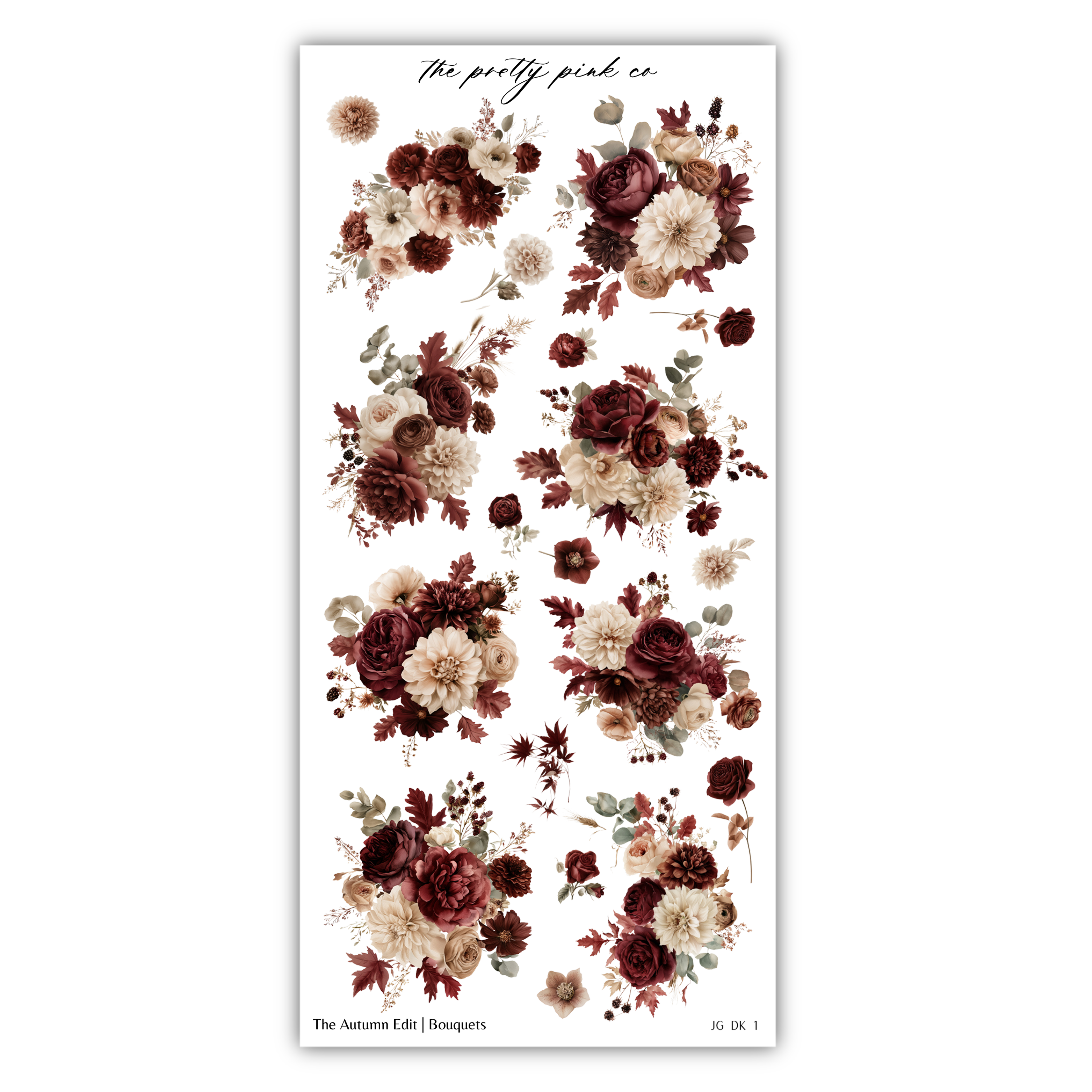 a collection of floral arrangements in various shades of brown, white, and burgundy, arranged in a grid-like pattern.