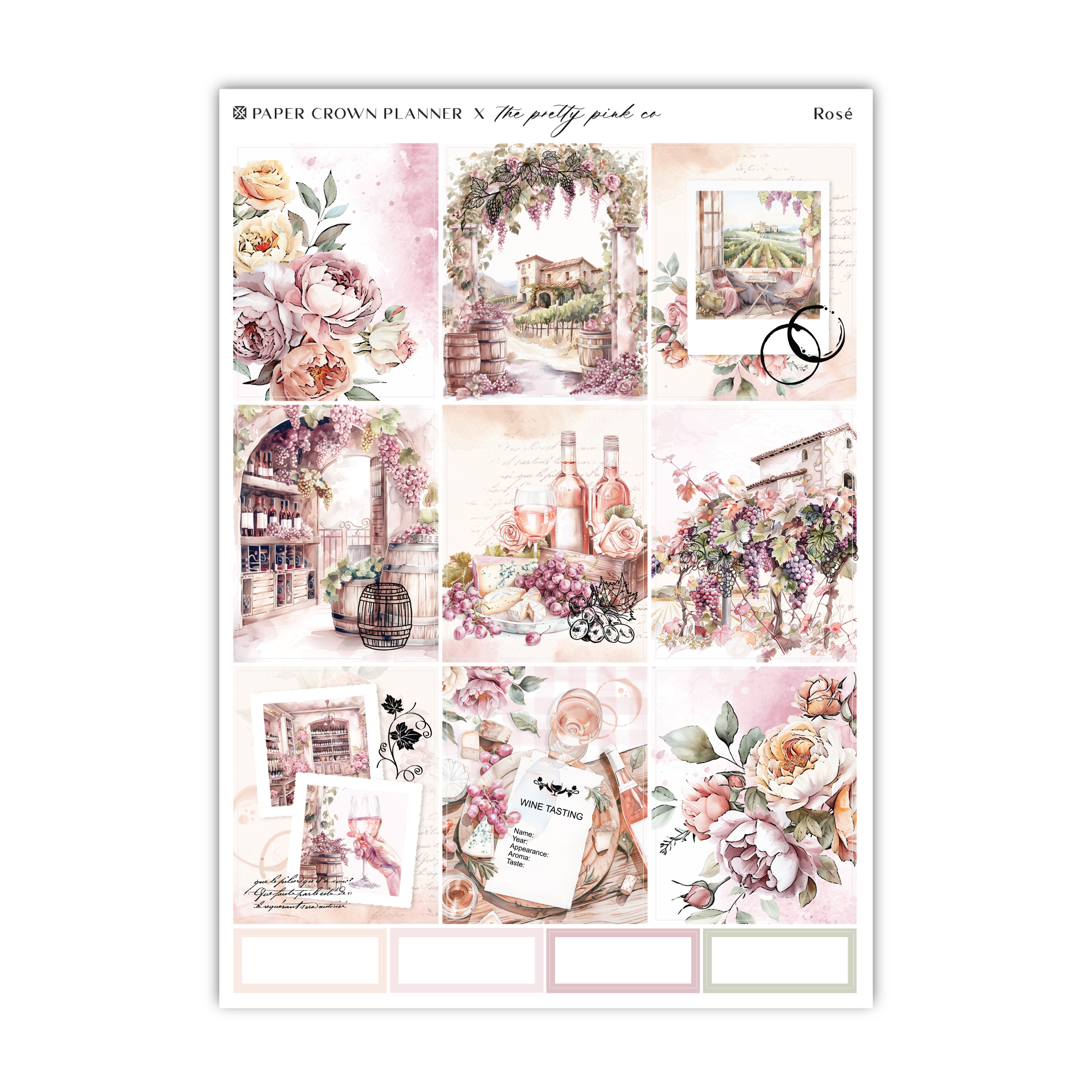 a sticker sheet with flowers and wine bottles