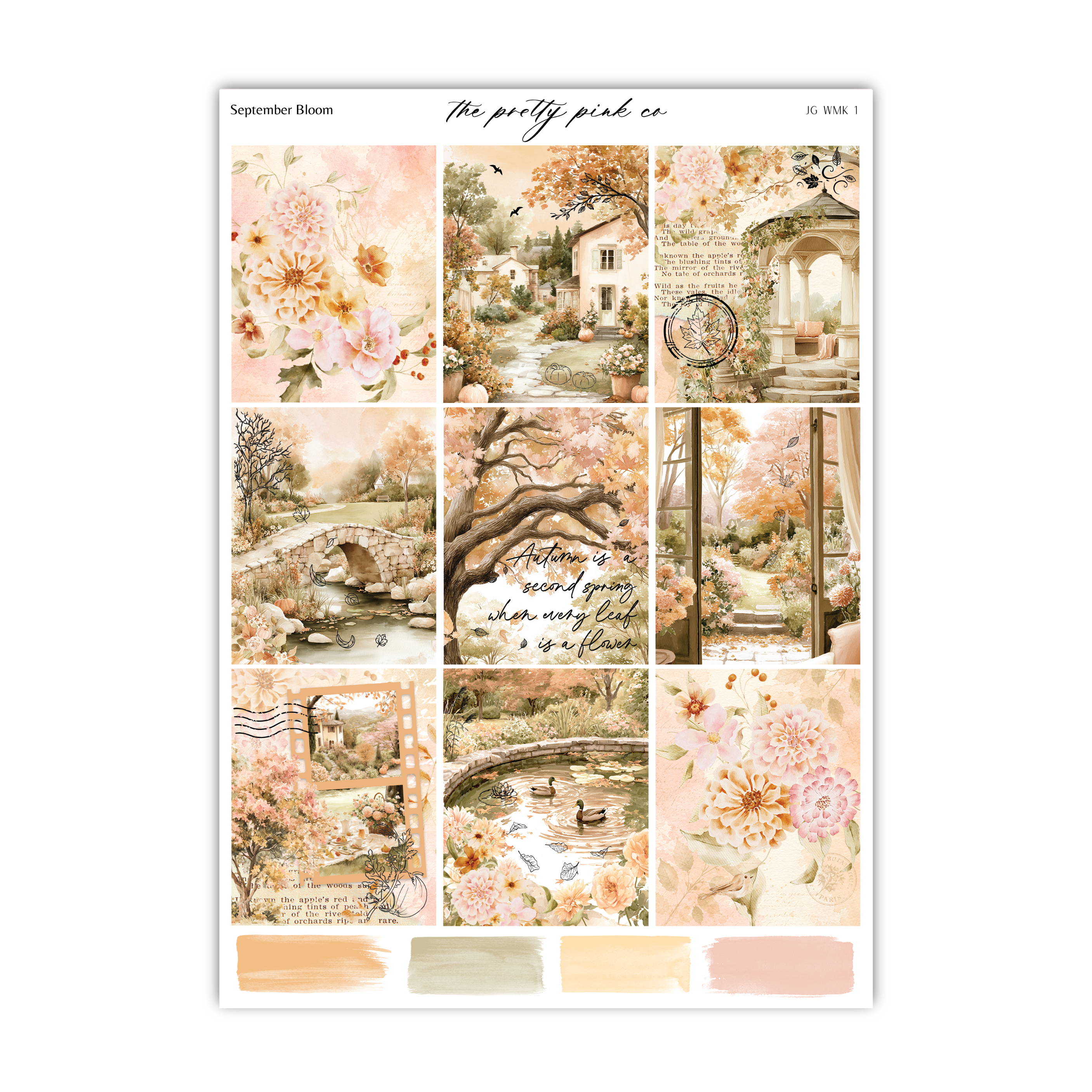 The image is a collage of various floral and nature-themed images, including a garden, a bridge, and a pond, all rendered in a soft, pastel color palette.