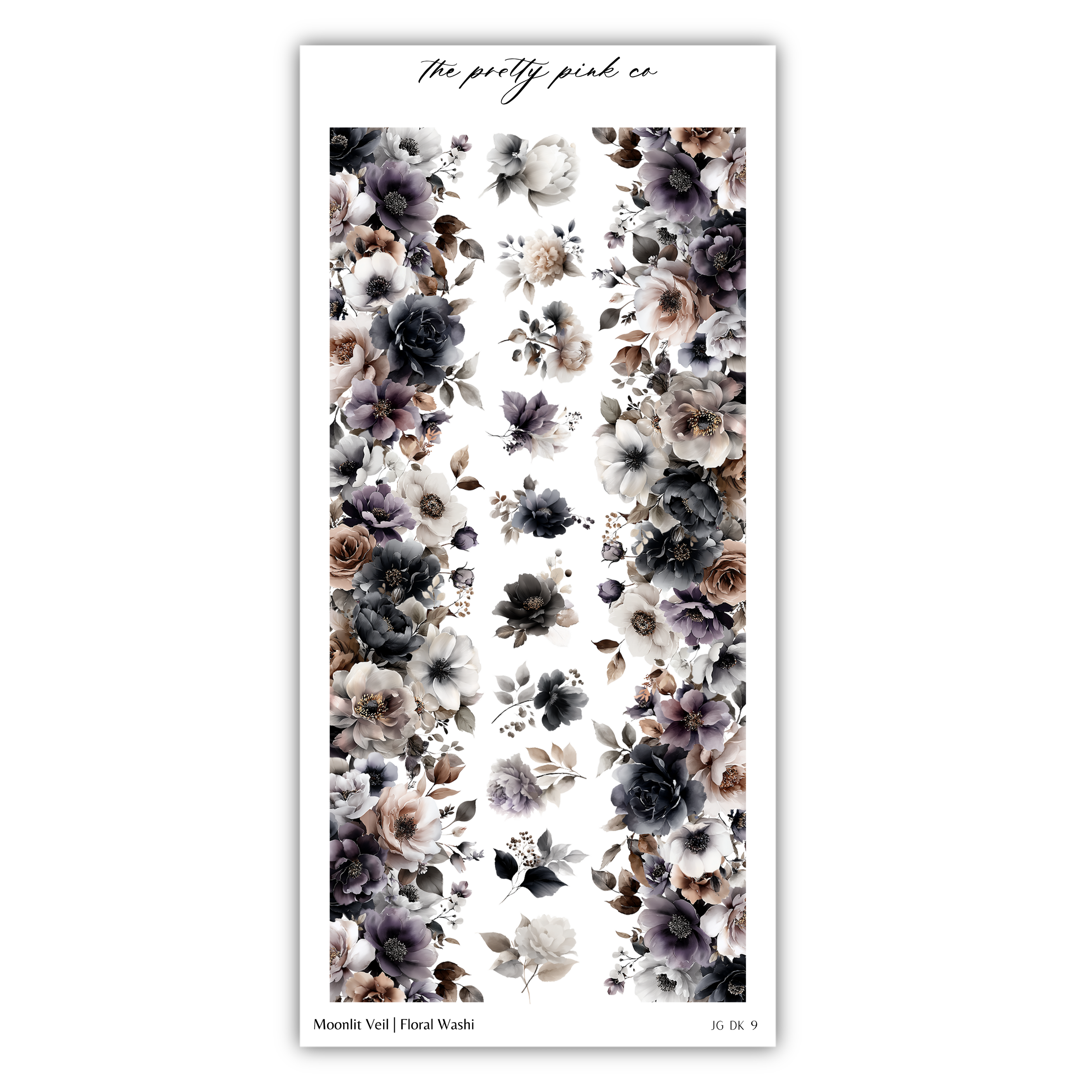 The image is a vertical arrangement of various flowers in different shades of gray, black, and white, creating a visually striking and intricate floral pattern.