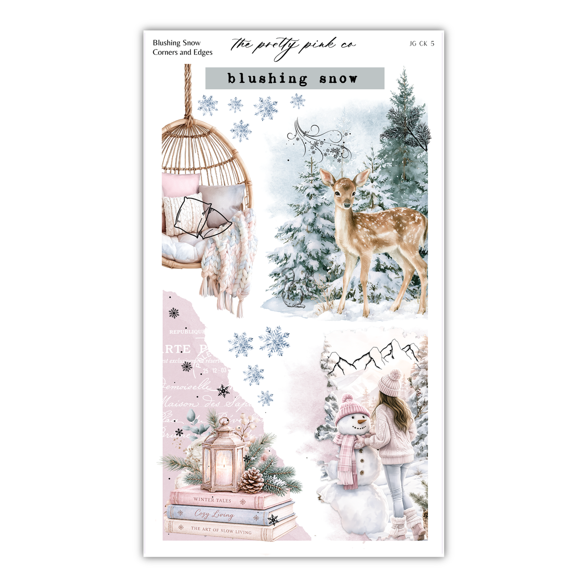 The image is a collage of various winter-themed elements, including a deer, a snowman, a lantern, and a book.
