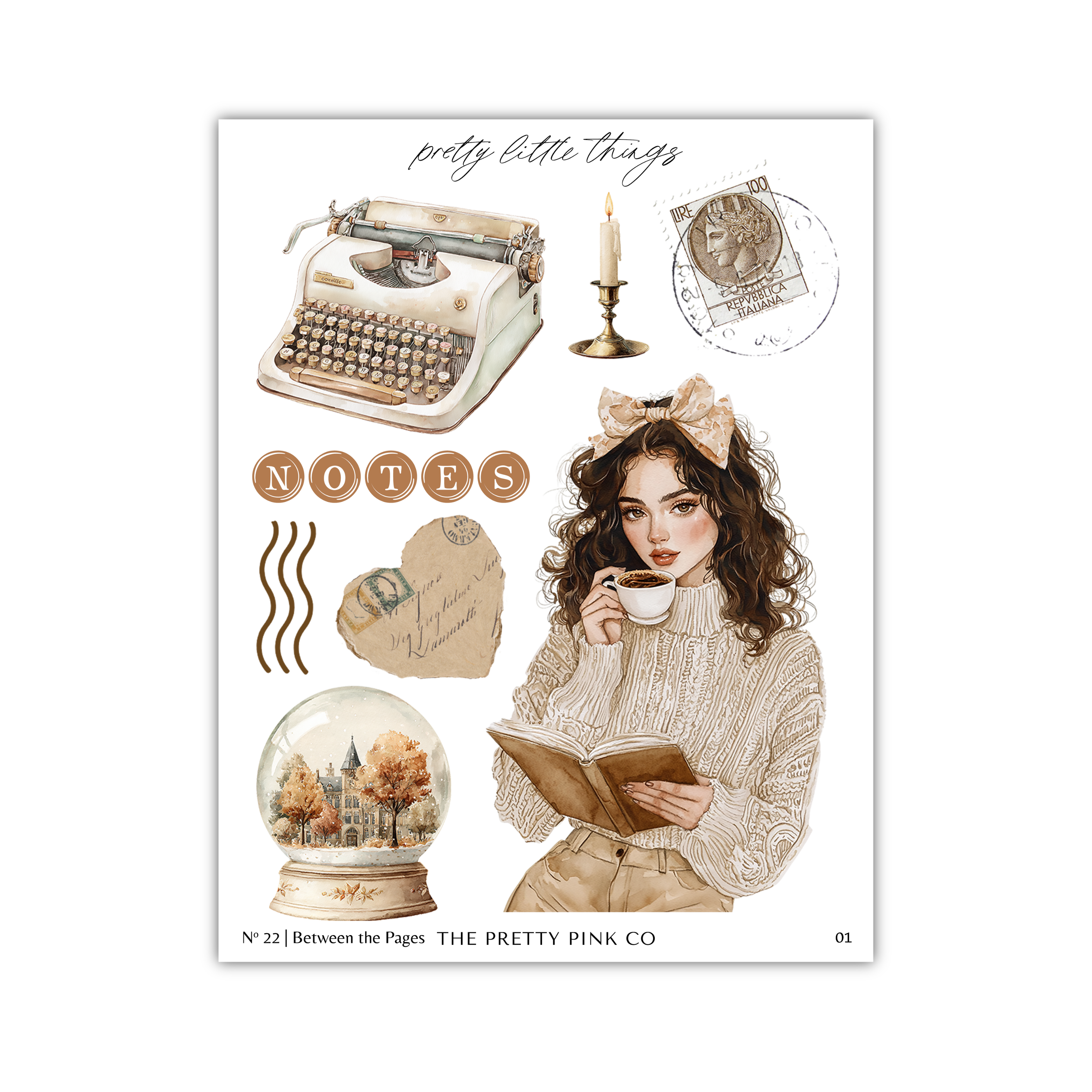 The image is a collage featuring a woman reading a book, a typewriter, a candle, a snow globe, and a note.