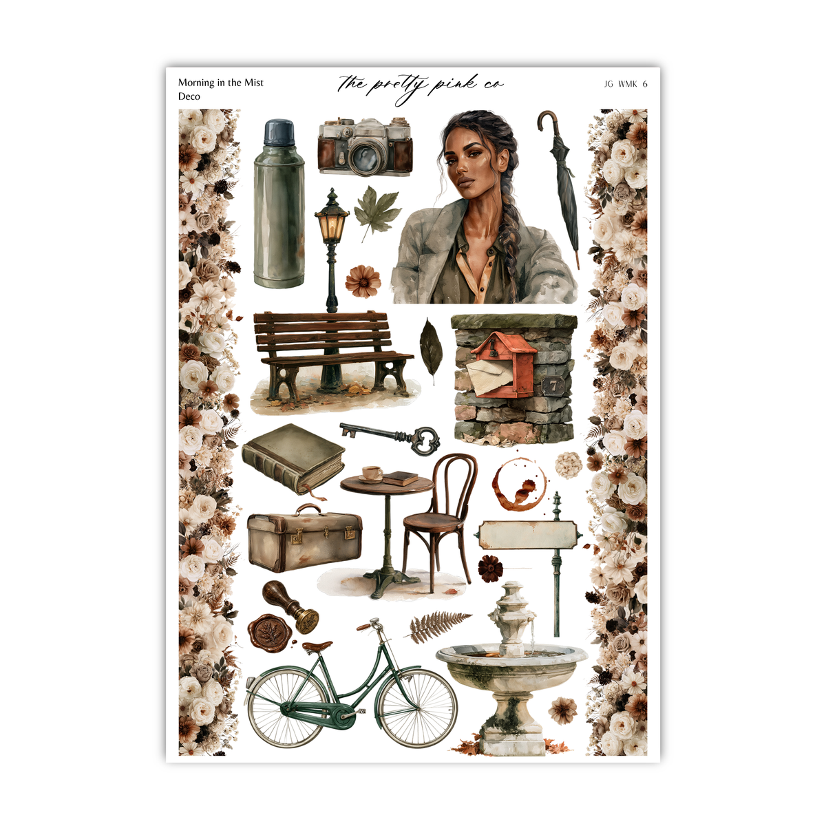 The image is a collage of various objects and scenes, including a woman, a camera, a bicycle, a bench, a key, a book, a fountain, and a vase. The objects are arranged in a visually appealing manner, creating a sense of depth and interest.