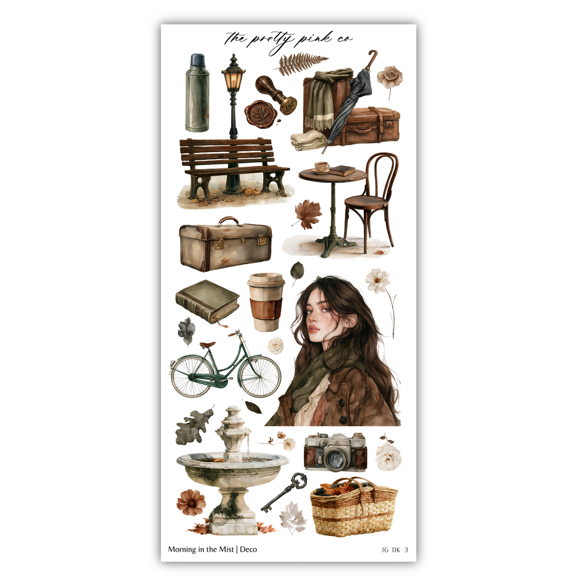 The image is a collage of various objects and scenes, including a bench, a suitcase, a bicycle, a woman, a fountain, a camera, and a book. The collage appears to be a collection of different elements that together create a scene or atmosphere.