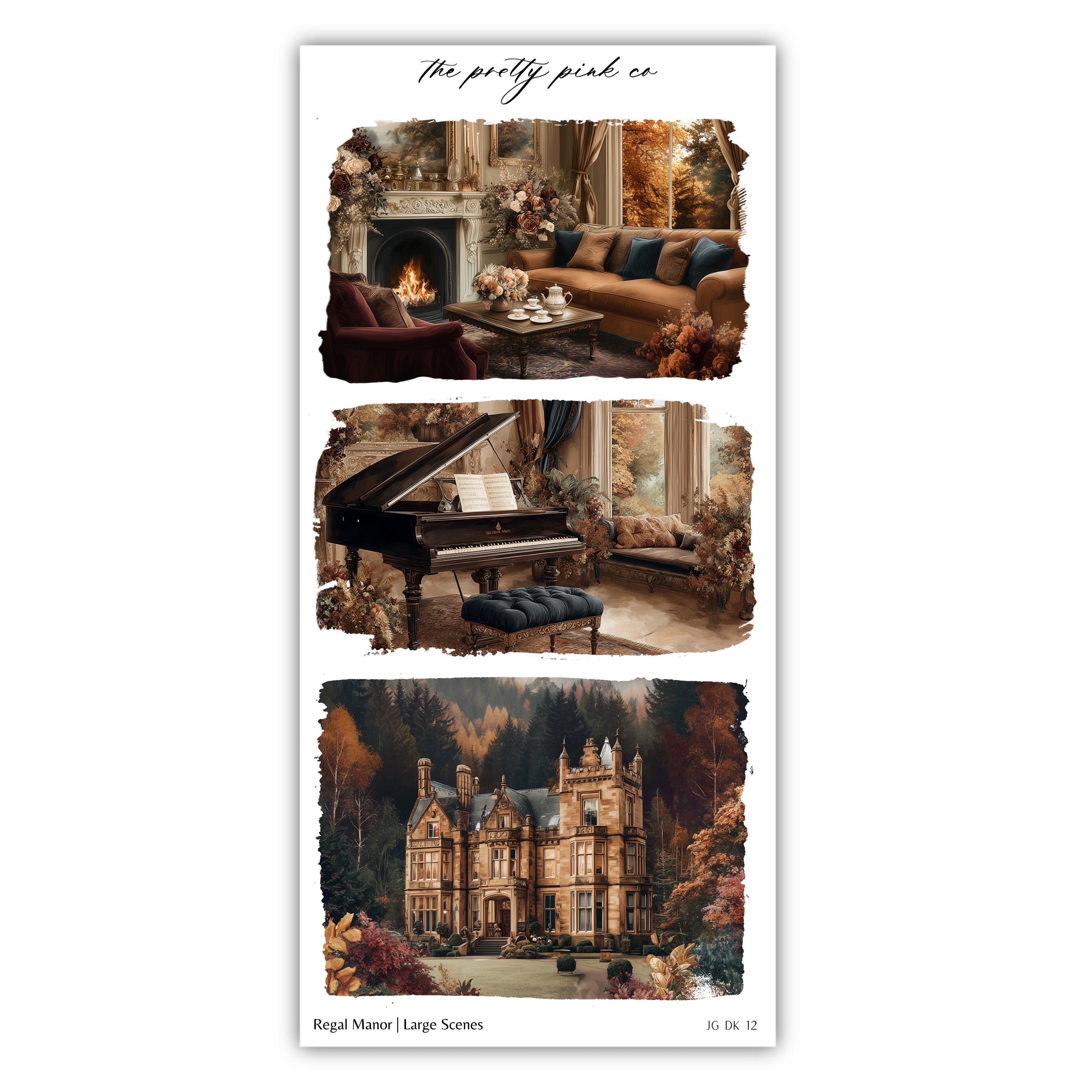 The image is a collage of three pictures depicting various scenes, including a fireplace, a grand piano, and a large castle.