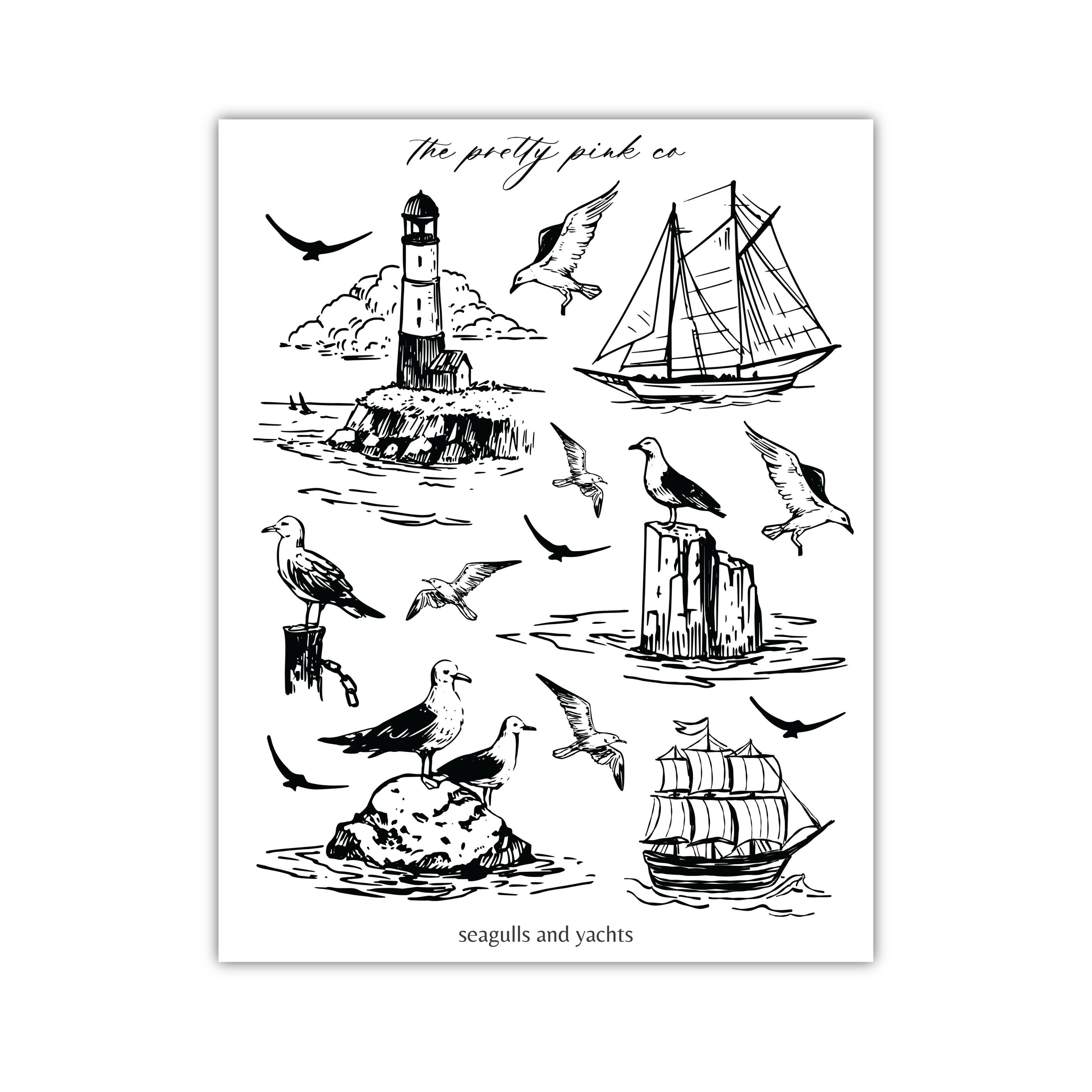 various illustrations of seagulls and yachts, including a lighthouse, a sailboat, and other nautical elements.