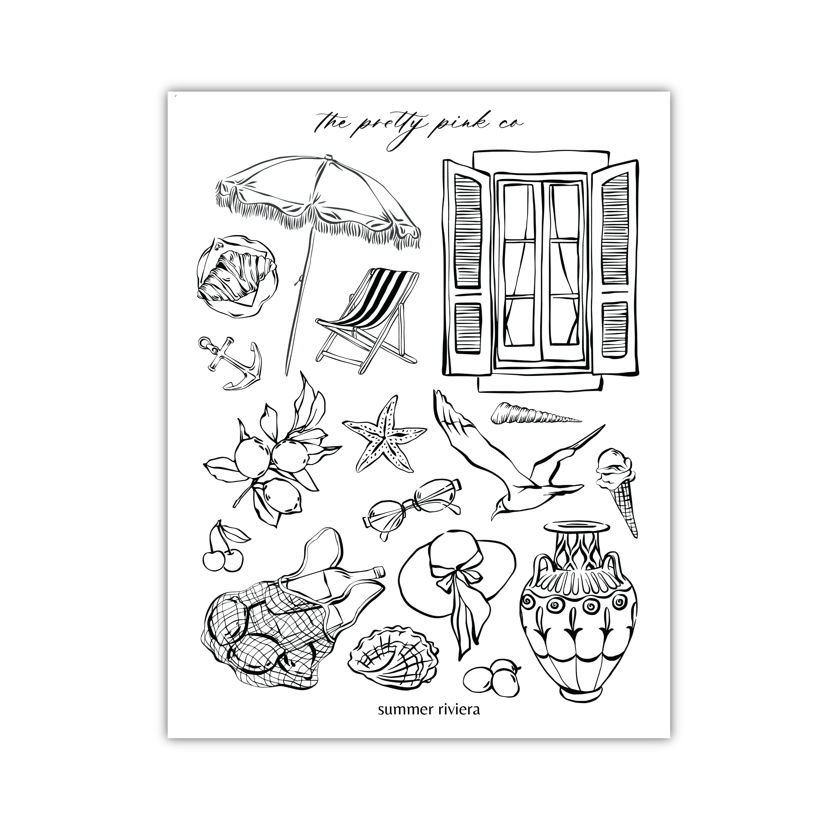 various summer-themed objects and symbols, including an umbrella, a chair, a window, a bird, a vase, a flower, and a seashell.
