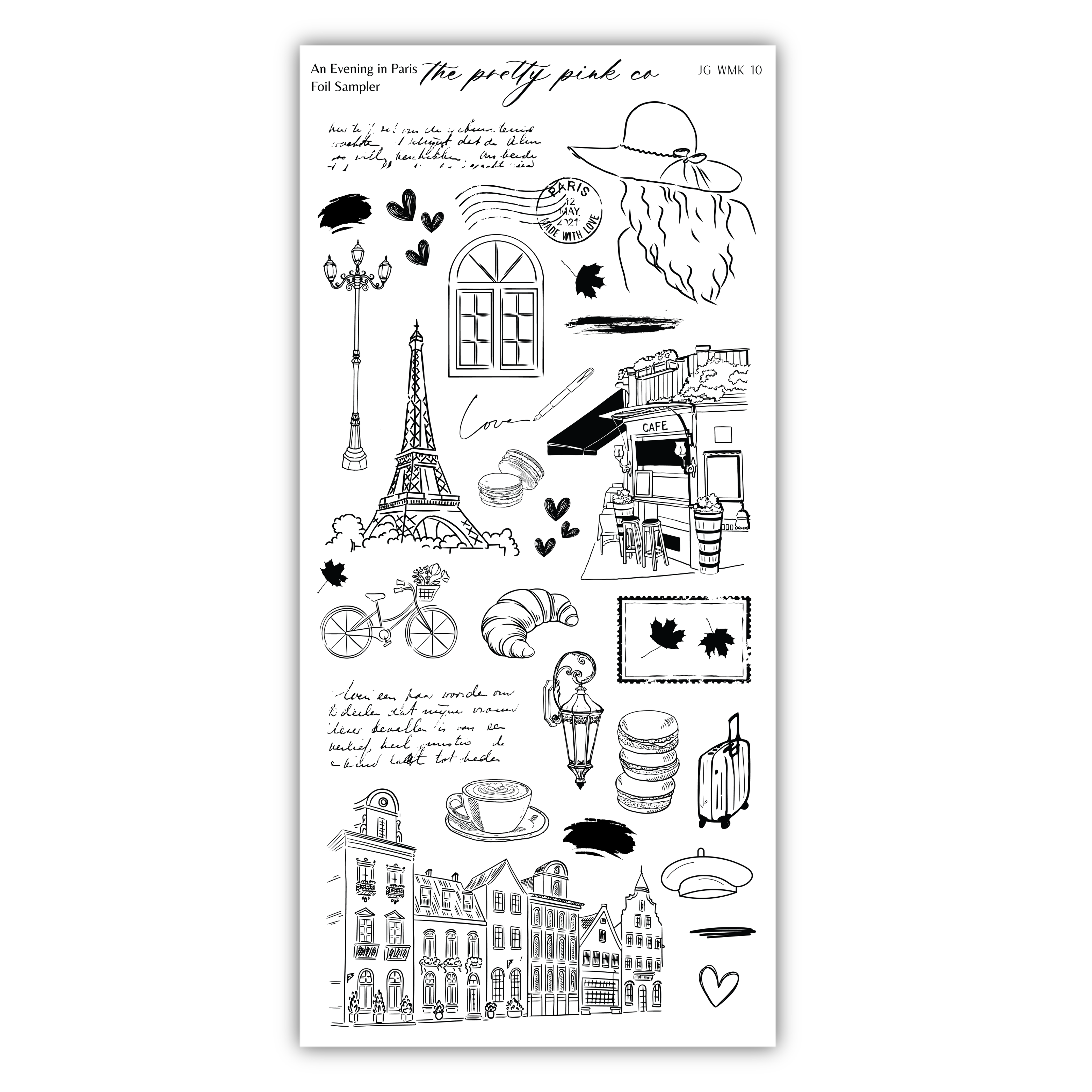 various illustrations and objects related to Paris, such as the Eiffel Tower, a bicycle, a cup, and a suitcase. The text in the image is not clear enough to transcribe accurately without speculation.