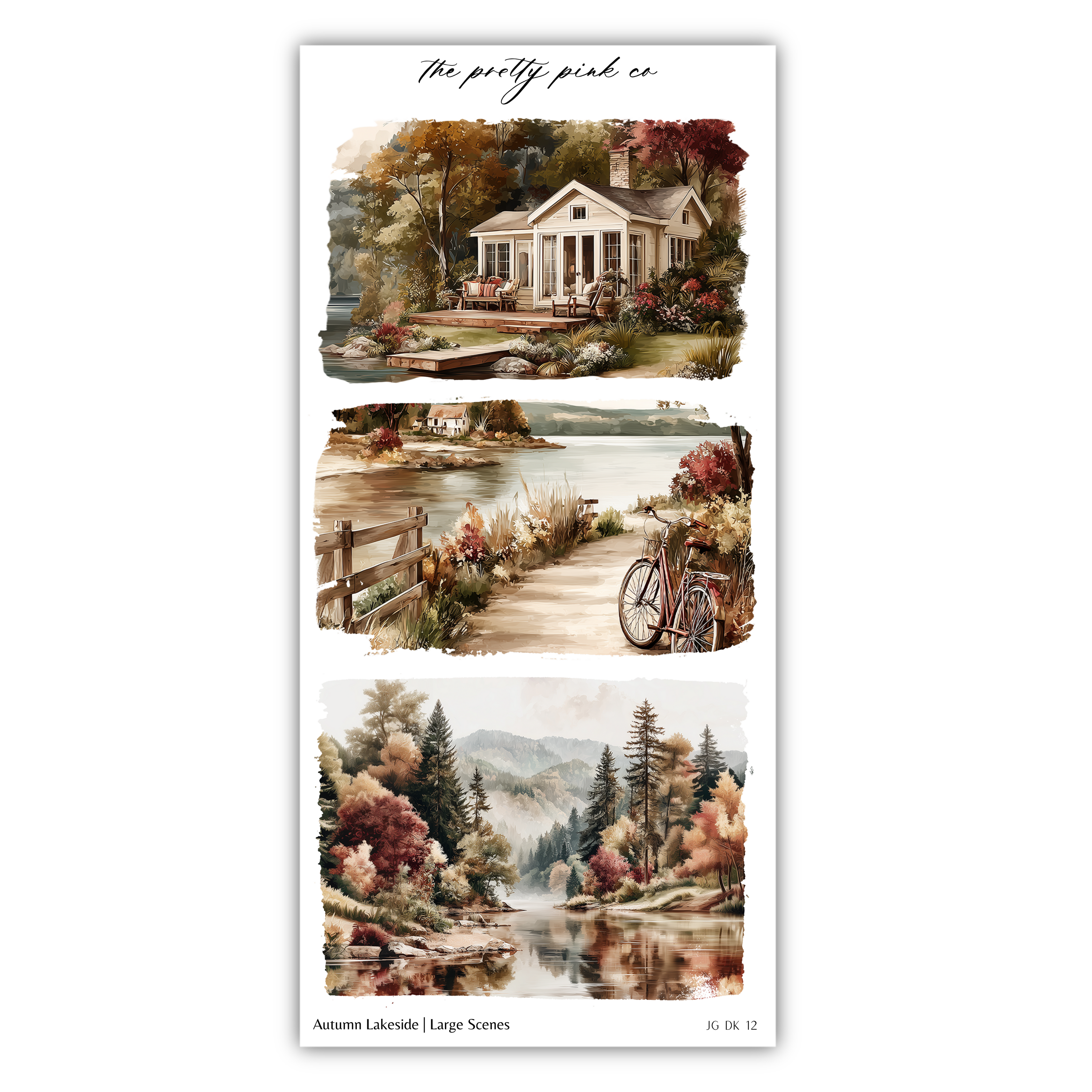 The image is a collage of three pictures depicting various scenes related to autumn, including a house, a bicycle, and a lake.