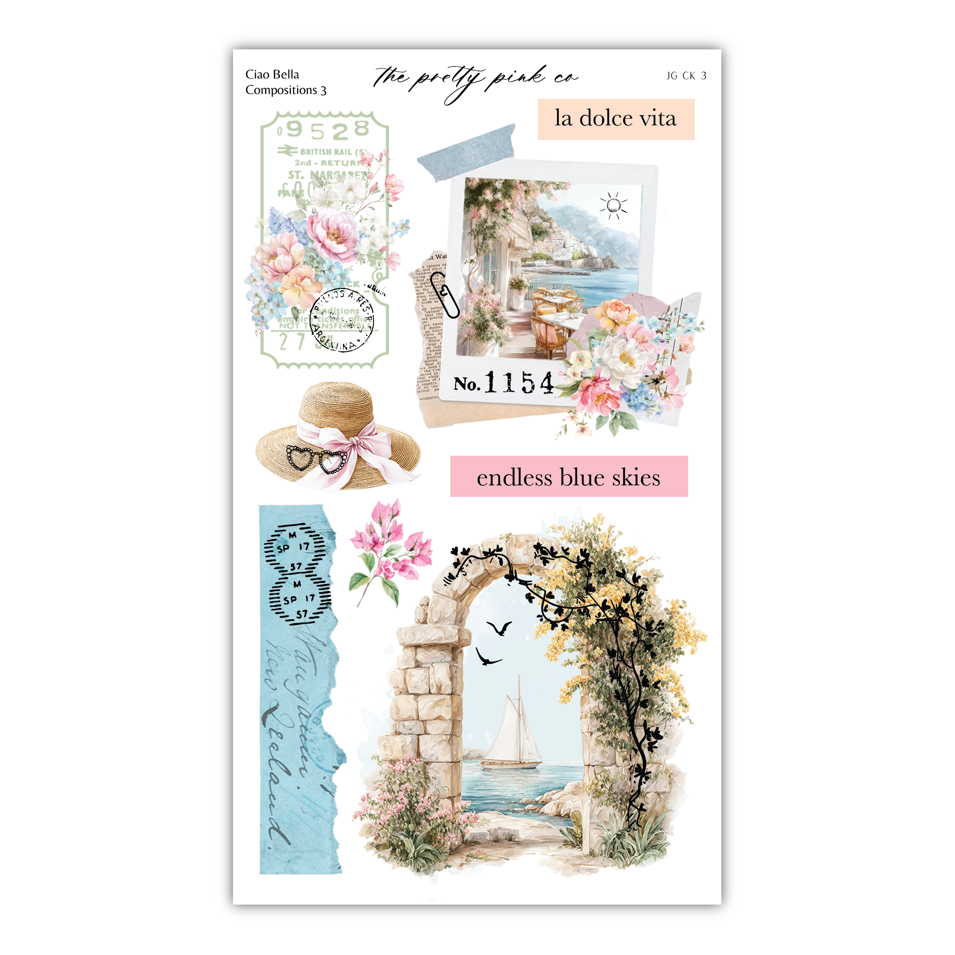 The image is a collage of various artistic and decorative elements, including a hat, a sailboat, flowers, and a stone archway.