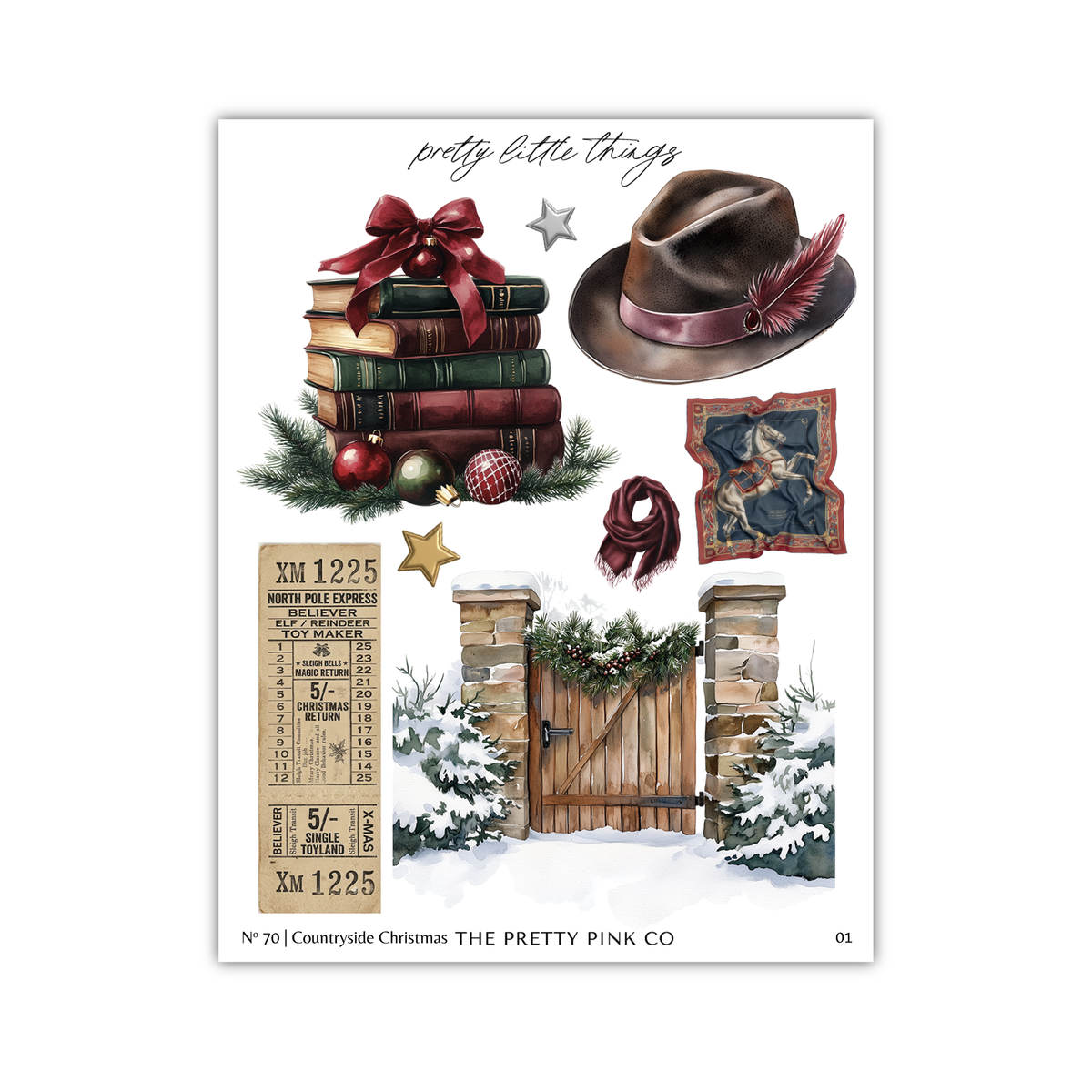 The image is a collage of various Christmas-themed items, including a stack of books, a hat, a scarf, a star, and a gate. The collage is titled "Countryside Christmas The Pretty Pink Co" and features illustrations of a snowy landscape, a wooden gate, and a tree.