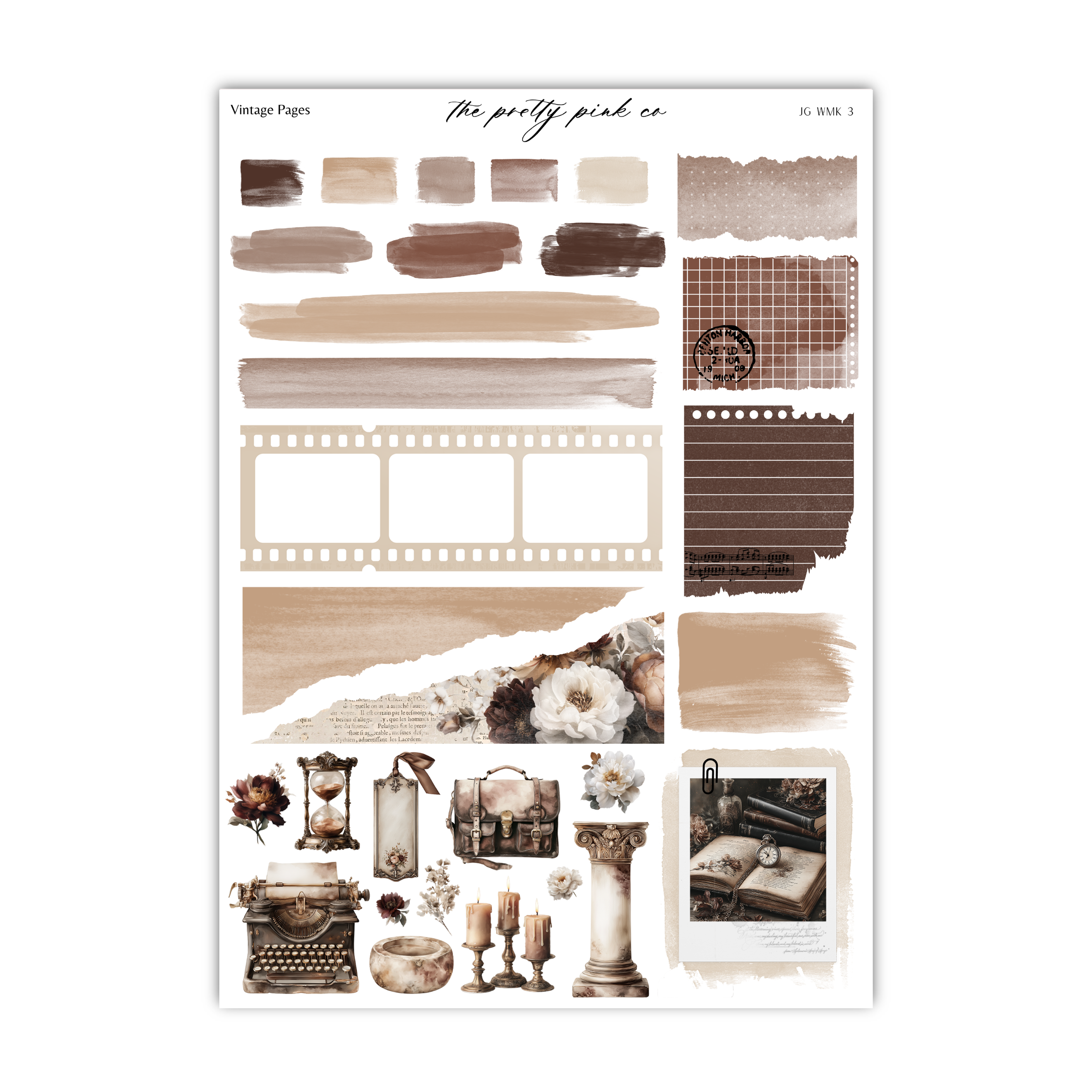 various vintage-style elements, including a typewriter, a camera, a book, and other objects, arranged in a collage-like manner.