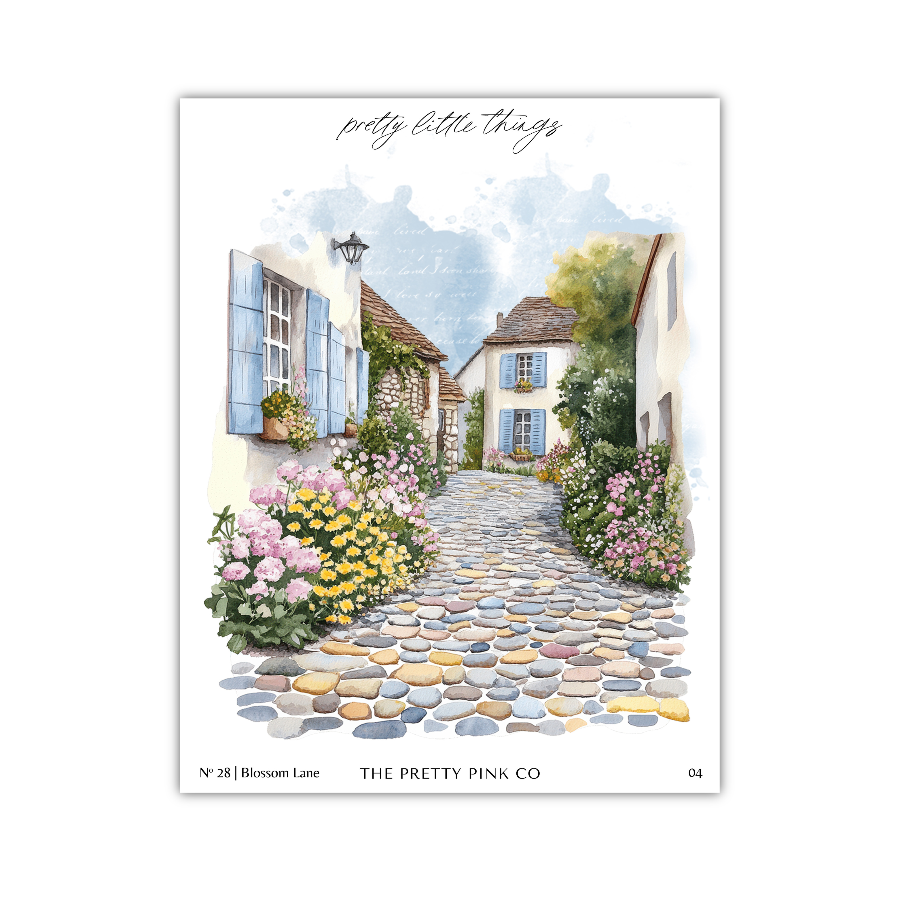 a charming cobblestone street lined with colorful flowers and lush greenery, leading to quaint houses with blue shutters and flower boxes.