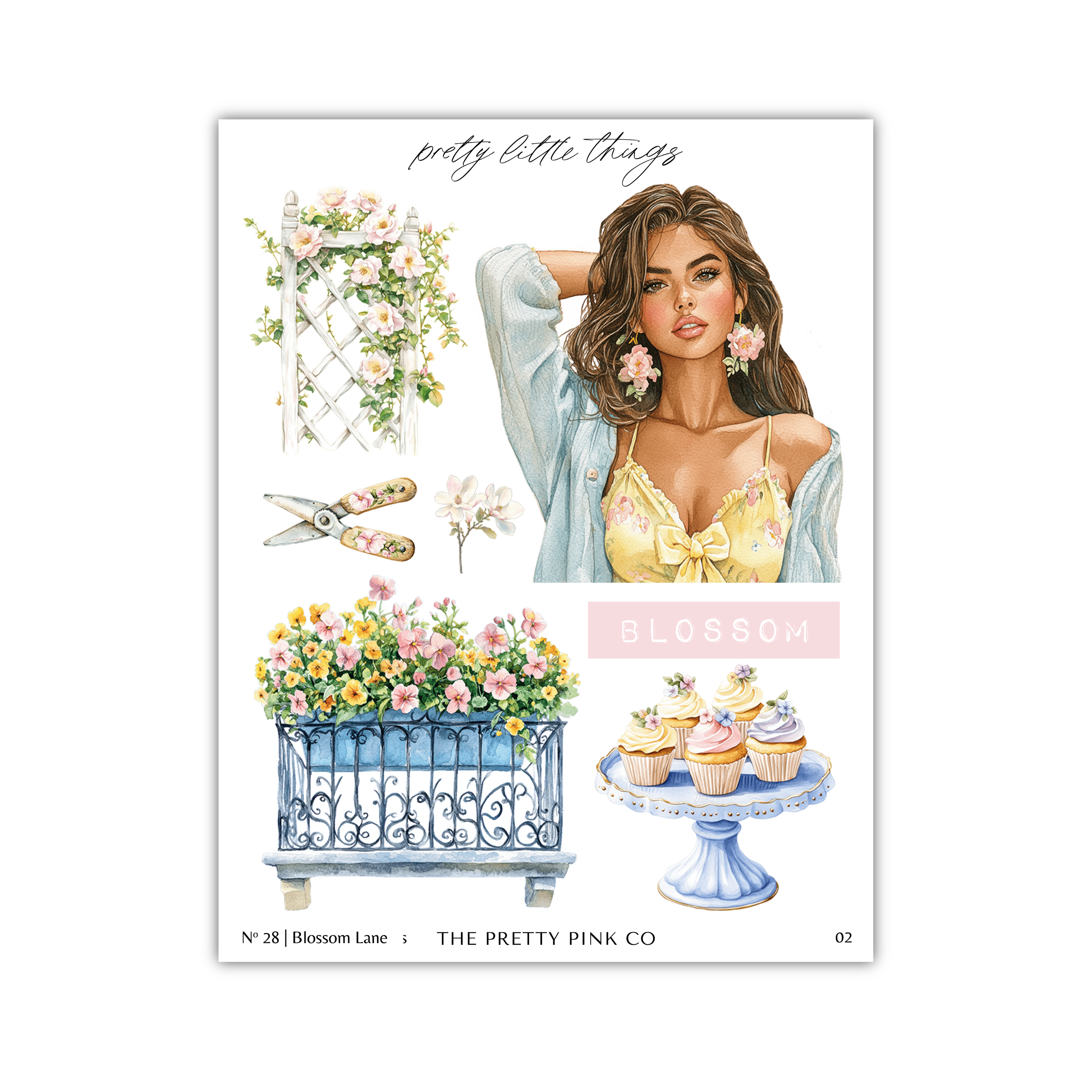 The image is a collage of various elements, including a woman with long brown hair, flowers, a blue and white vase, and cupcakes.