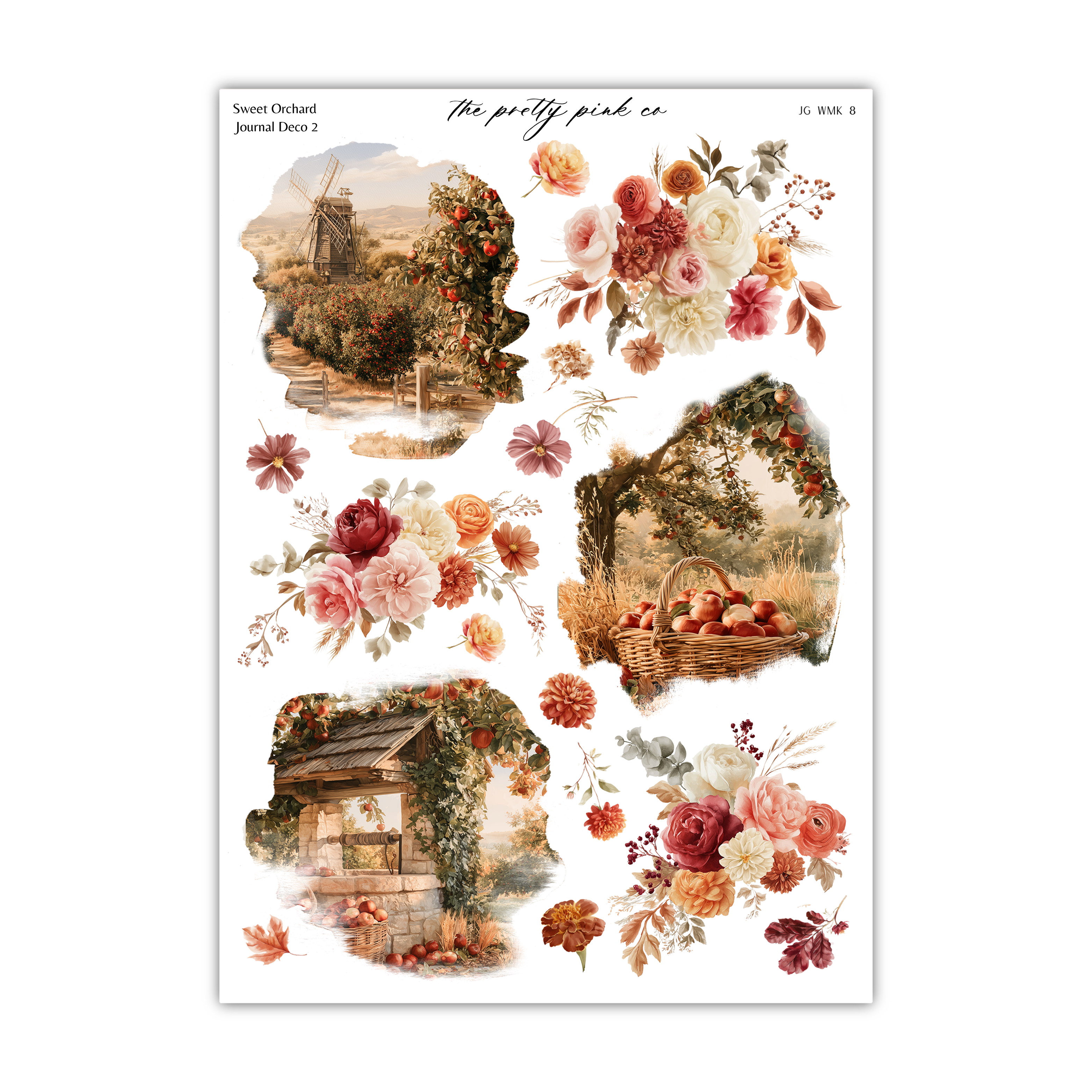 The image is a collage of various floral and pastoral scenes, including a windmill, a basket of apples, a house, and a tree with flowers.