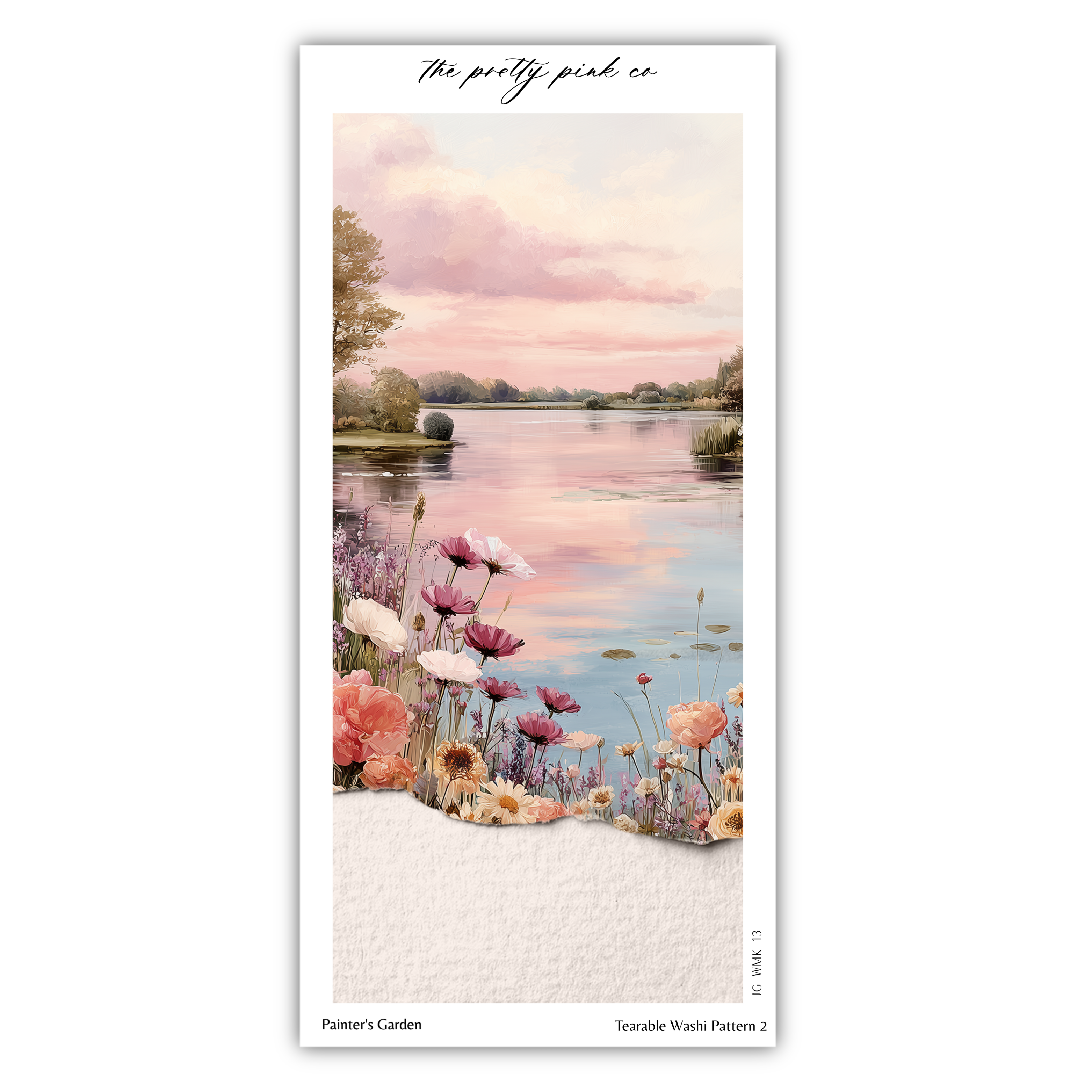 The image is a collage of two pictures. The top picture depicts a serene landscape with a lake, trees, and a pink sky. The bottom picture features a variety of colorful flowers, including pink, white, and orange blooms, growing on the shore of the lake.