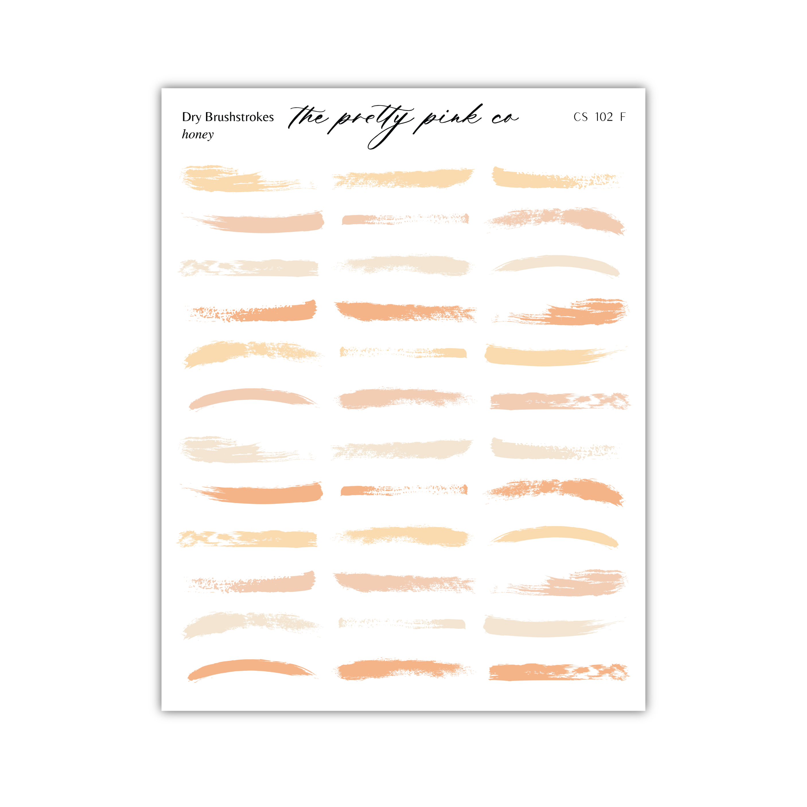 a collection of brush stroke patterns in various shades of orange and beige, arranged in a grid format. The text "Dry Brushstrokes" and "The pretty pink co" are written above the brush strokes, and "CS 102 F" is written below them.