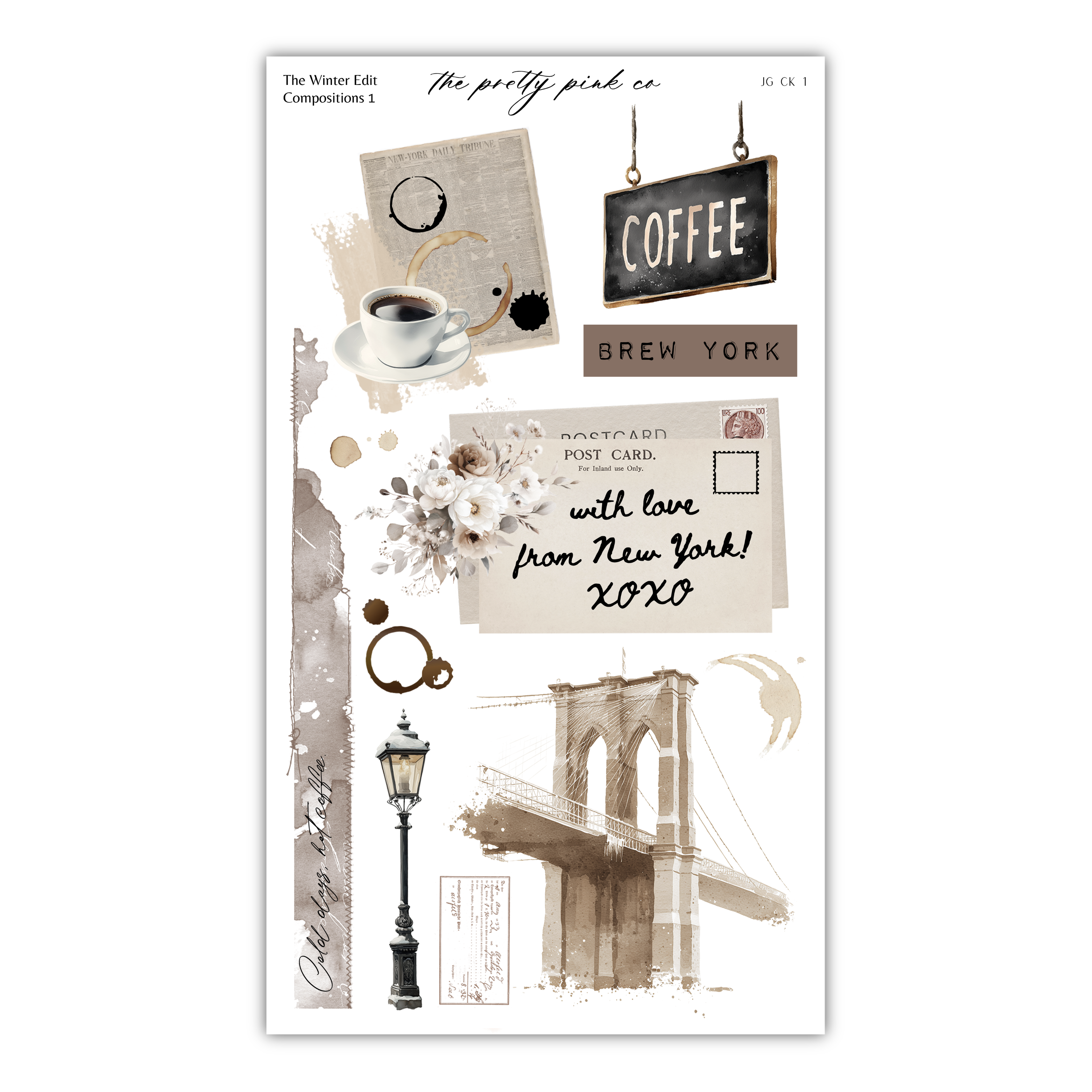 The image is a collage of various elements related to coffee and New York, including a coffee cup, a sign for "Coffee", a bridge, and a floral arrangement.