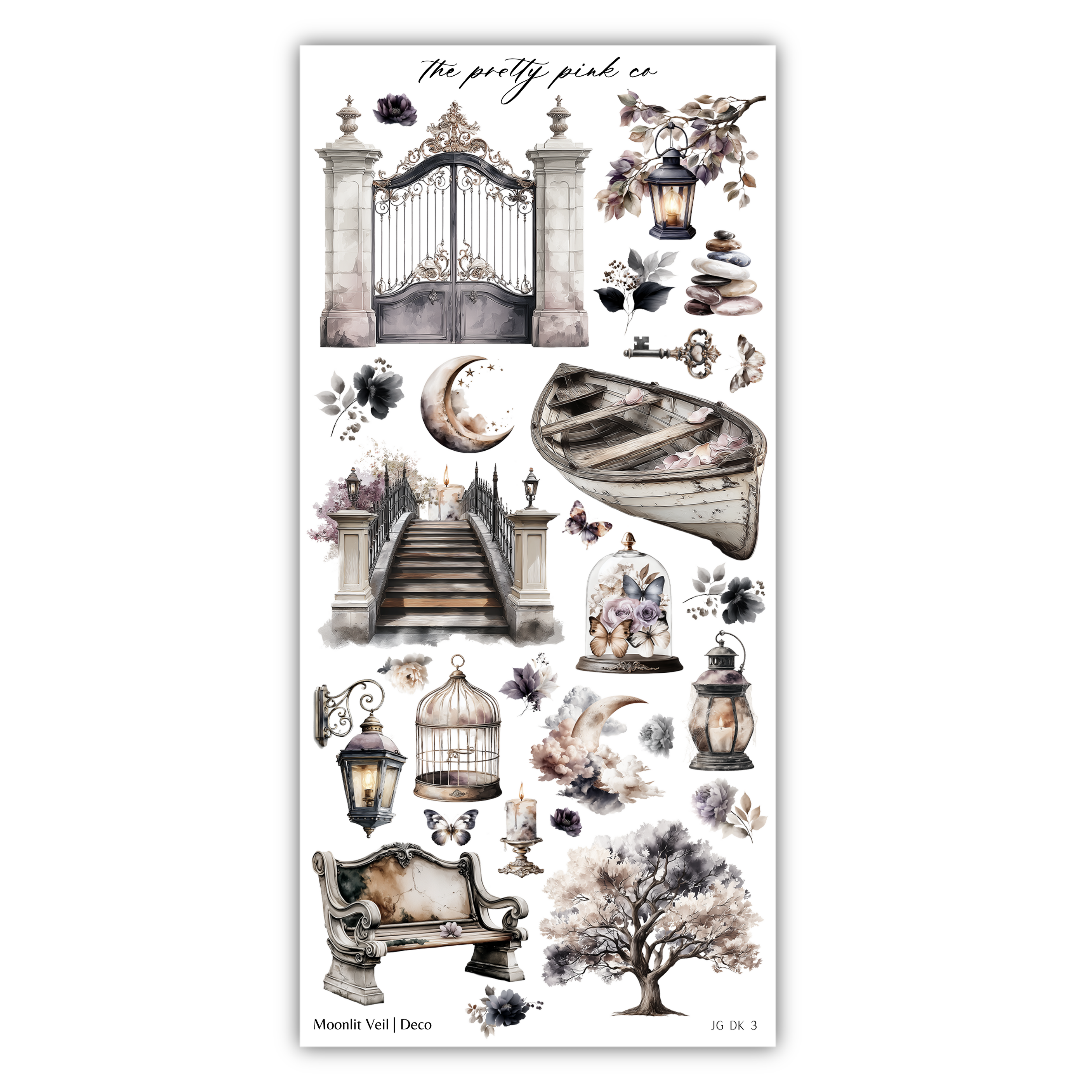 various decorative and ornamental elements, including a gate, lanterns, a boat, a birdcage, a bench, and a tree. The image is a collage of these elements, and it is not possible to describe each one individually as they are not unique or distinct from each other. The image does not contain any text or specific actions.