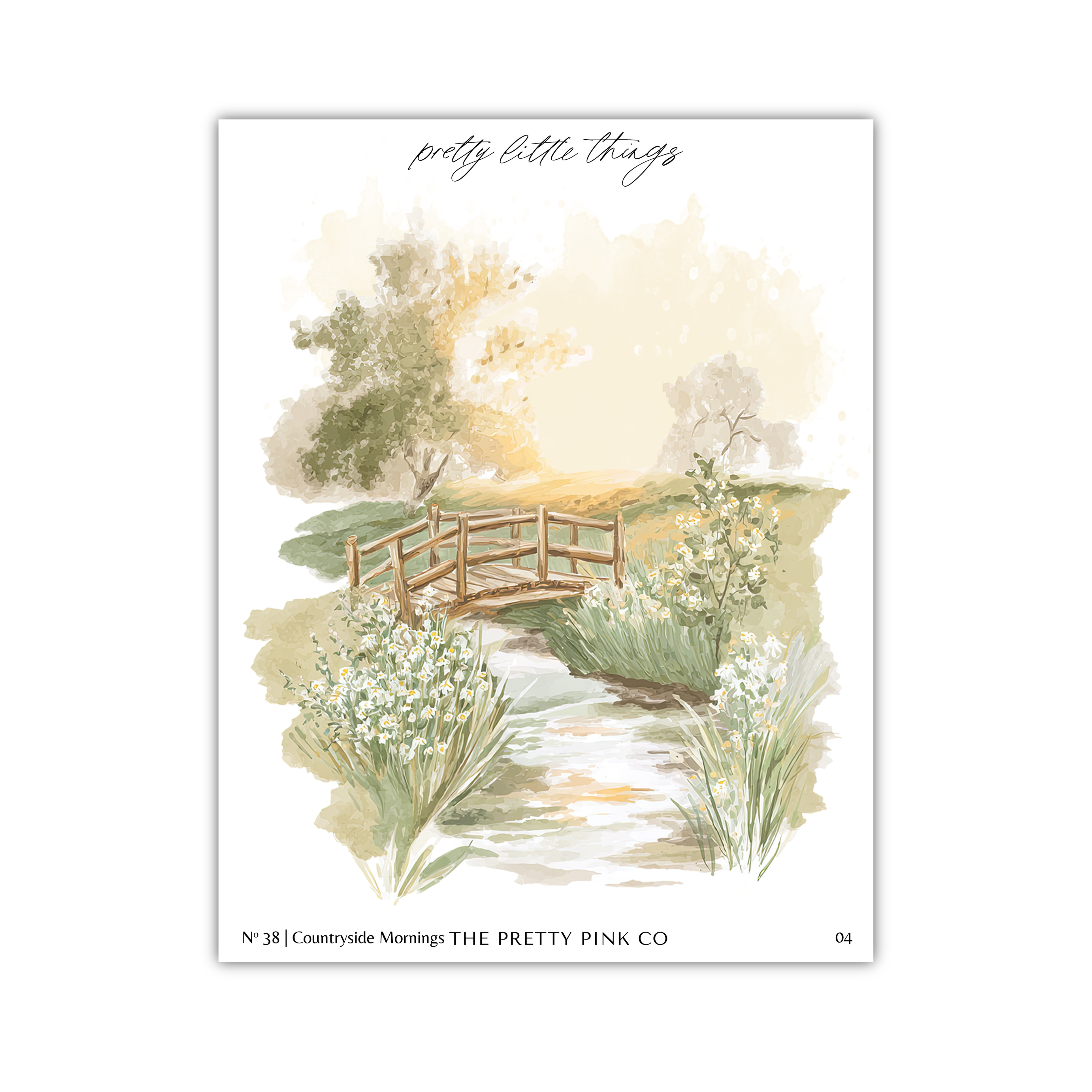 a serene landscape with a wooden bridge crossing a stream, surrounded by lush greenery and flowers.