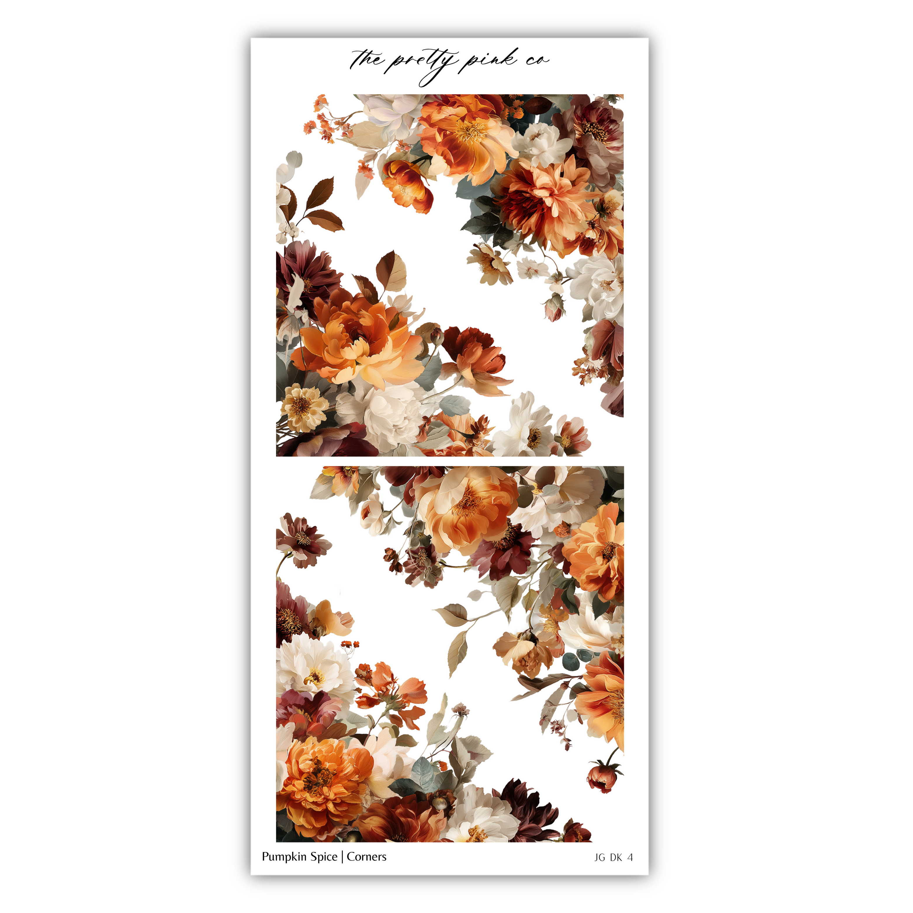 The image is a collage of two floral images, featuring a variety of autumn-colored flowers such as orange, red, and white. The images are arranged in a vertical format, with the top image on the left and the bottom image on the right. The collage is titled "Pumpkin Spice | Corners" and includes the text "The pretty pink co" at the top.