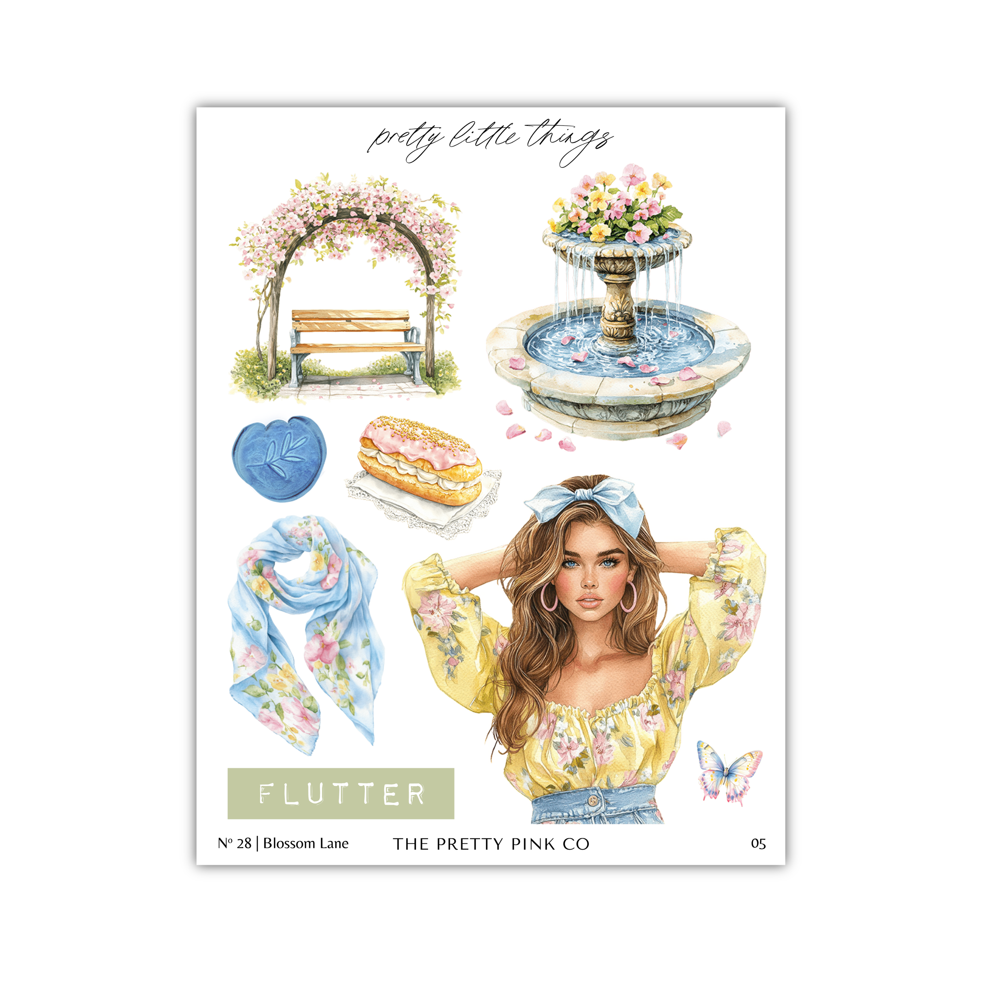 The image is a collage of various elements, including a woman with long brown hair, a fountain, flowers, a heart, a donut, a scarf, and butterflies.