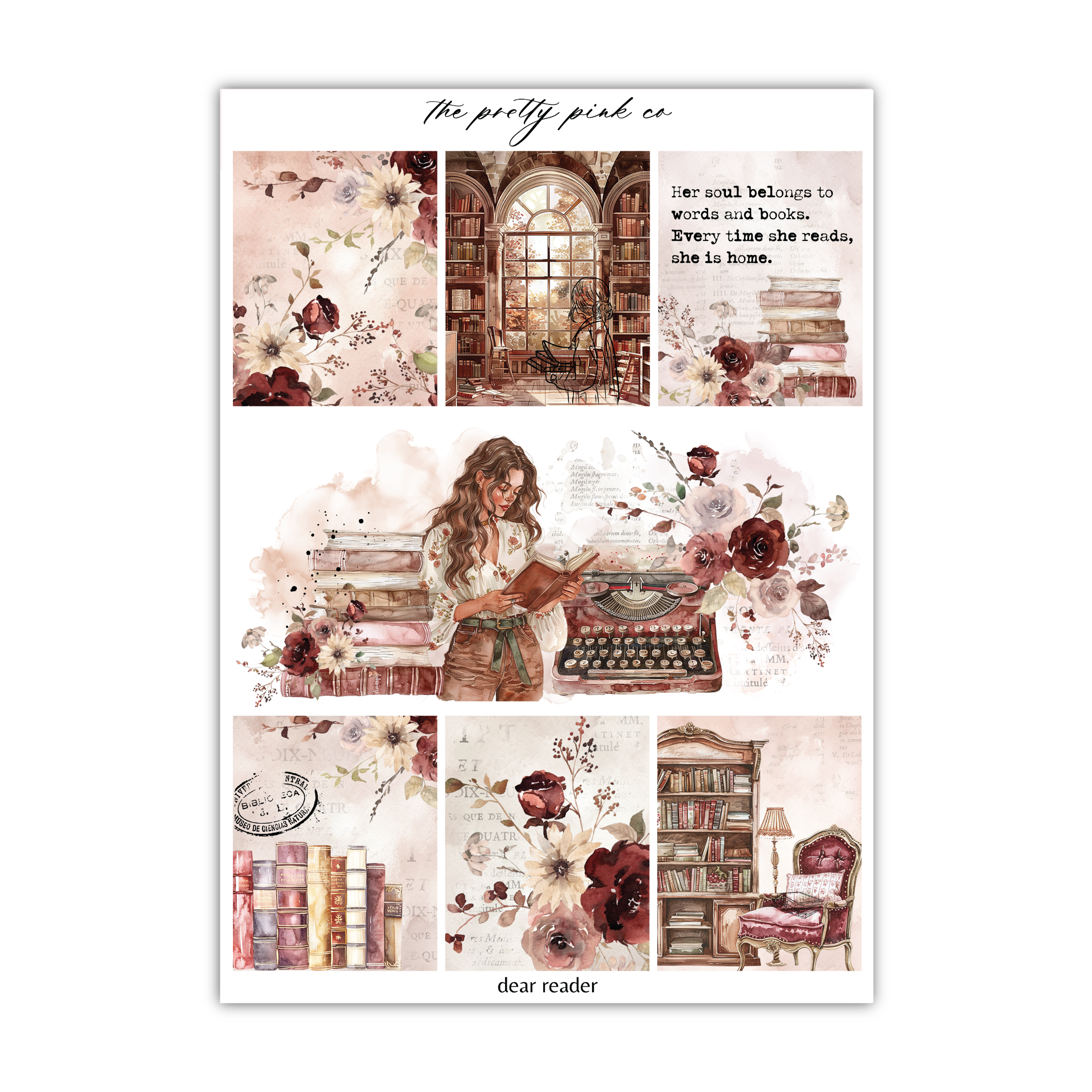 a collage of images of a girl sitting at a typewriter
