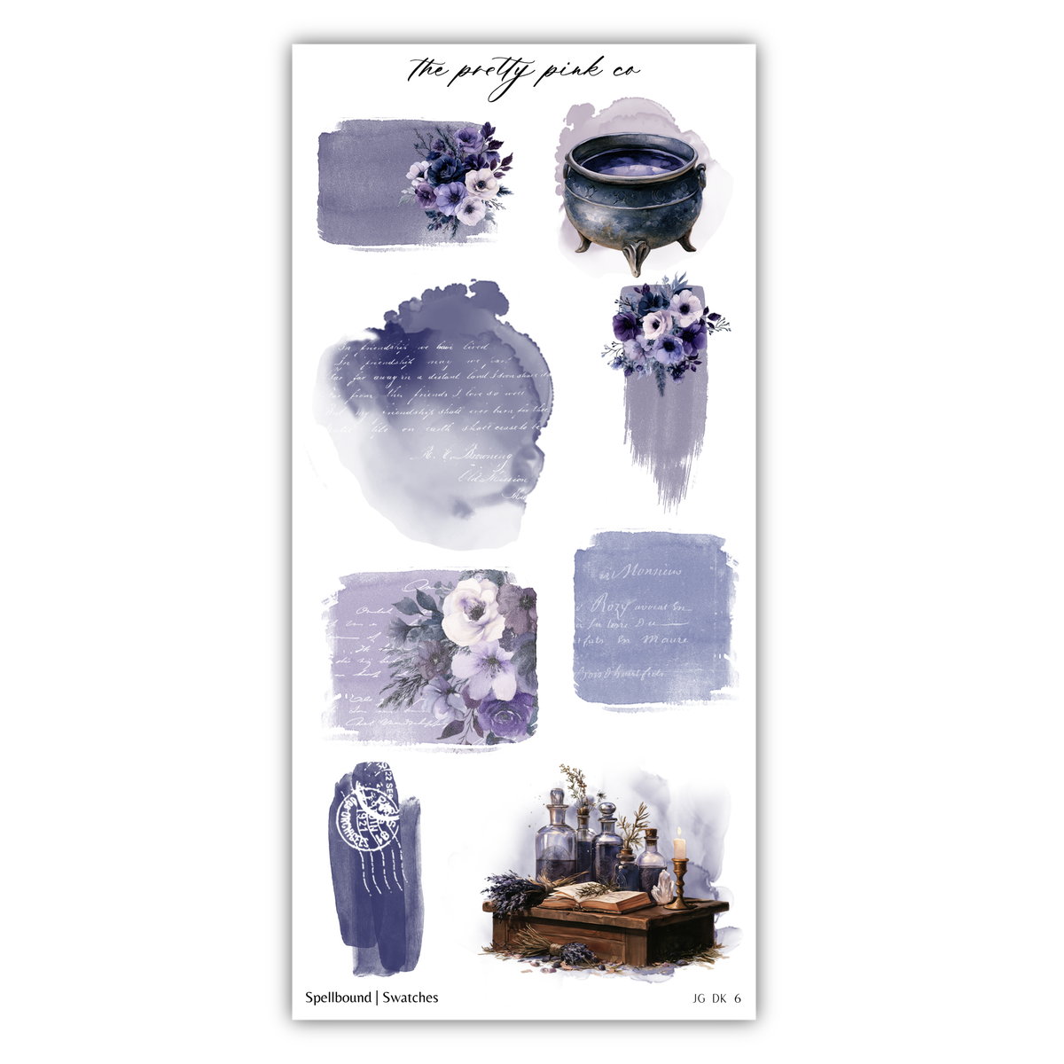 various illustrations and text elements related to spells, rituals, and mystical themes. It includes a cauldron, flowers, and bottles, as well as some text and decorative elements. The image is a collage of multiple images, and the text is not described in detail. The phrase "The pretty pink co" is present, but it is not fully described.