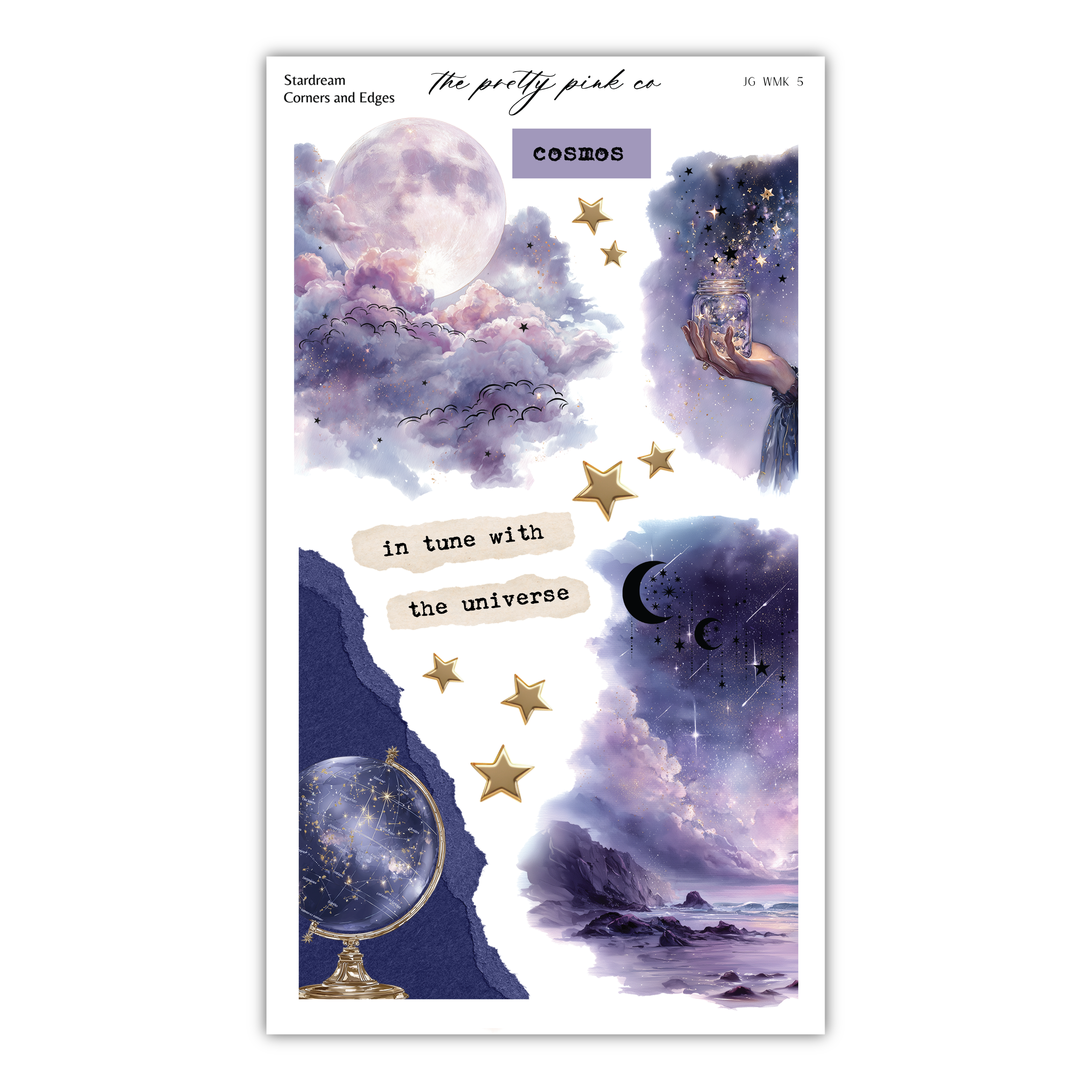The image is a collage of various celestial and cosmic elements, including a full moon, stars, a globe, and a hand holding a crystal. The collage is titled "Stardust" and "The pretty pink co", and includes the phrase "in tune with the universe" in the center.