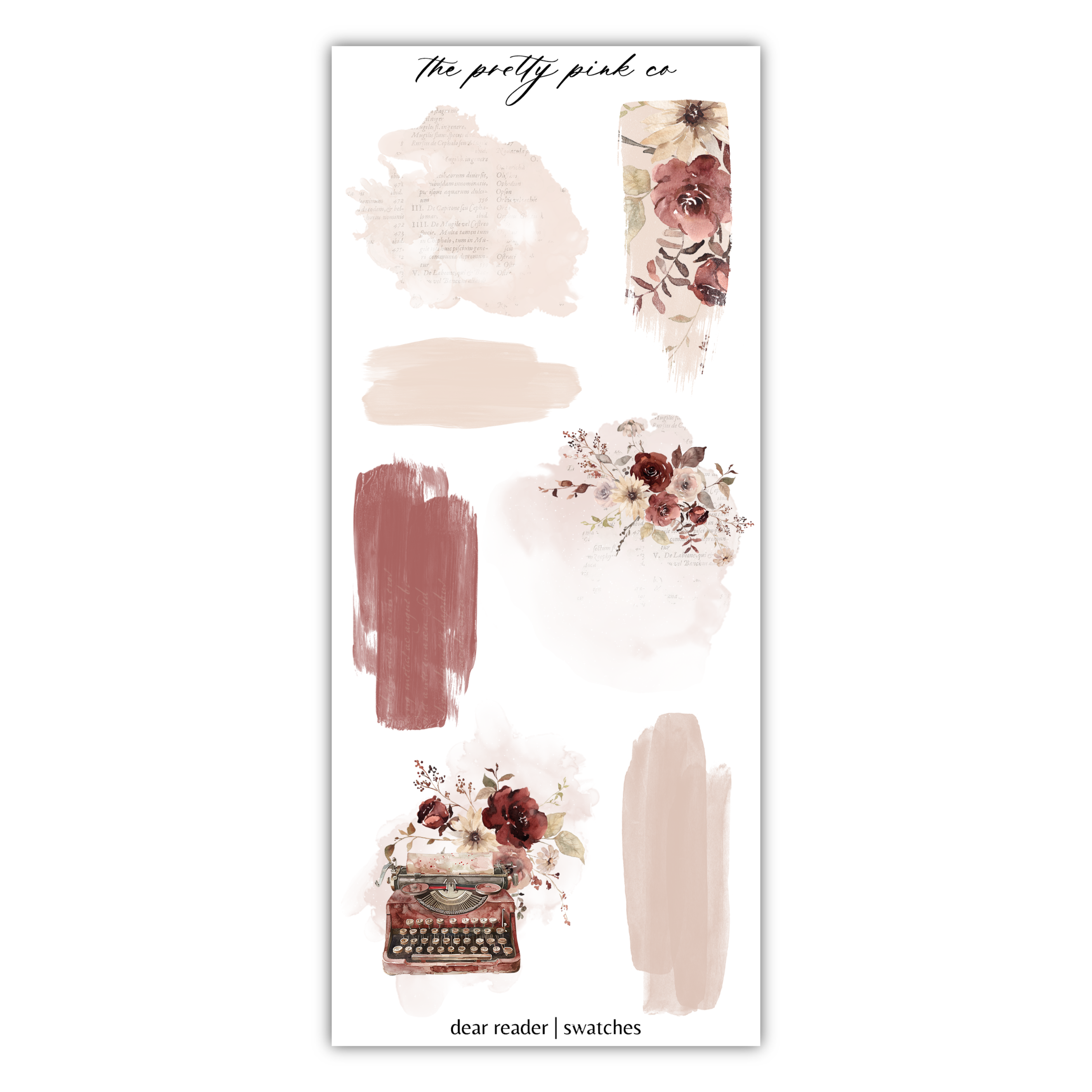 a sheet of stickers with flowers and typewriter