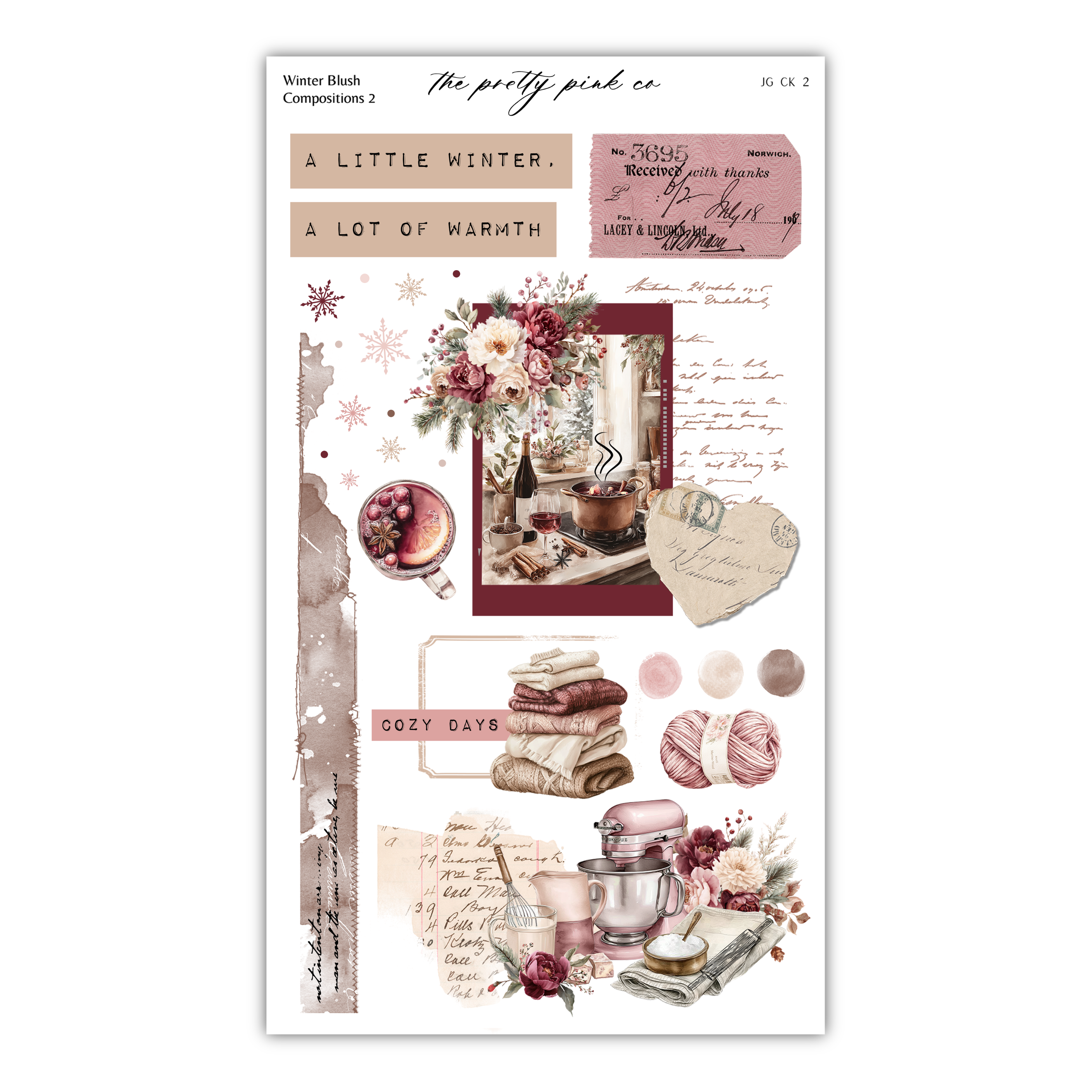 The image is a collage of various winter-themed elements, including floral arrangements, kitchen appliances, and handwritten notes.