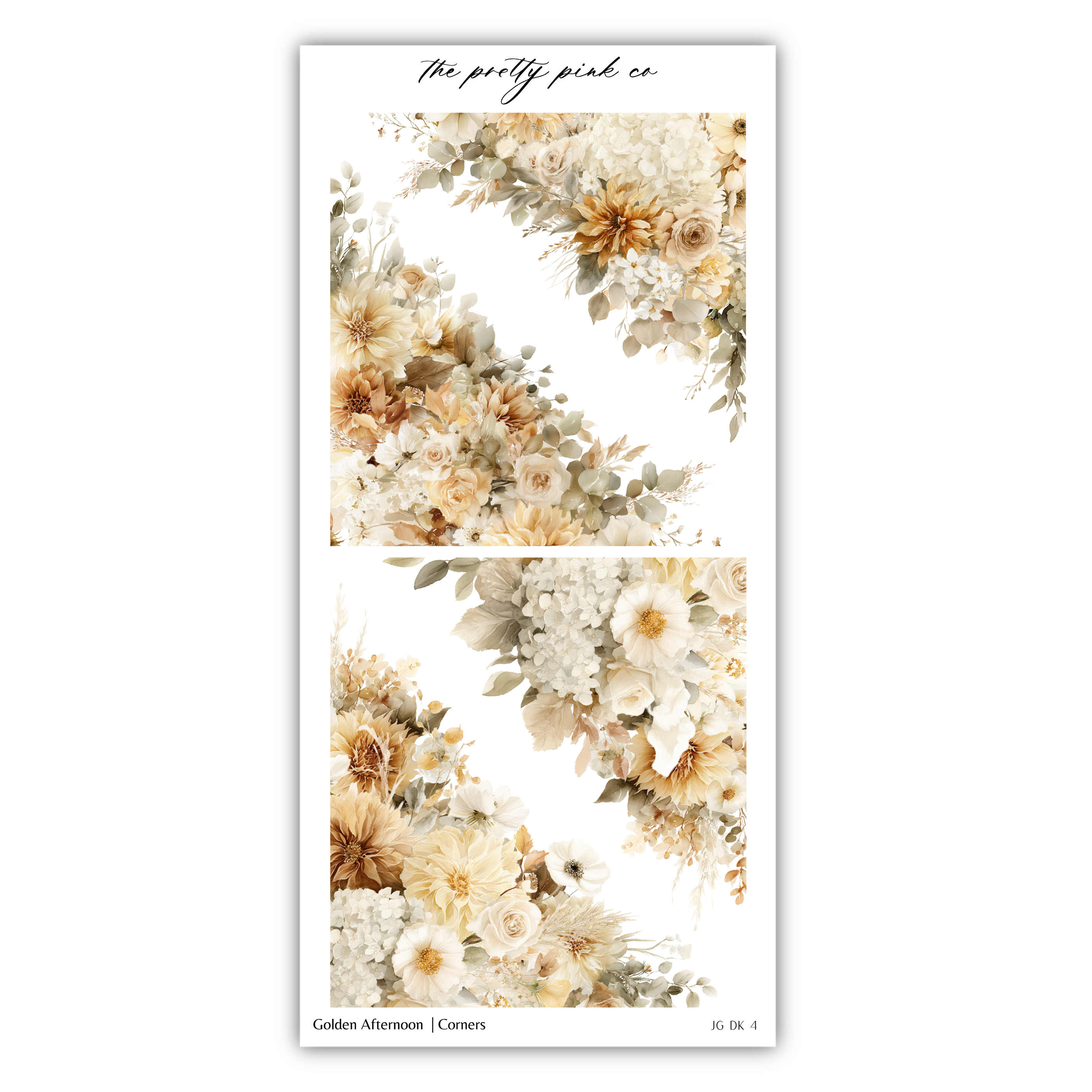 The image is a collage of two floral images, featuring a variety of flowers in shades of white, beige, and brown. The images are arranged in a vertical orientation, with the top image slightly overlapping the bottom one. The collage is titled "Golden Afternoon / Corners" and includes the text "The pretty pink co" at the top.