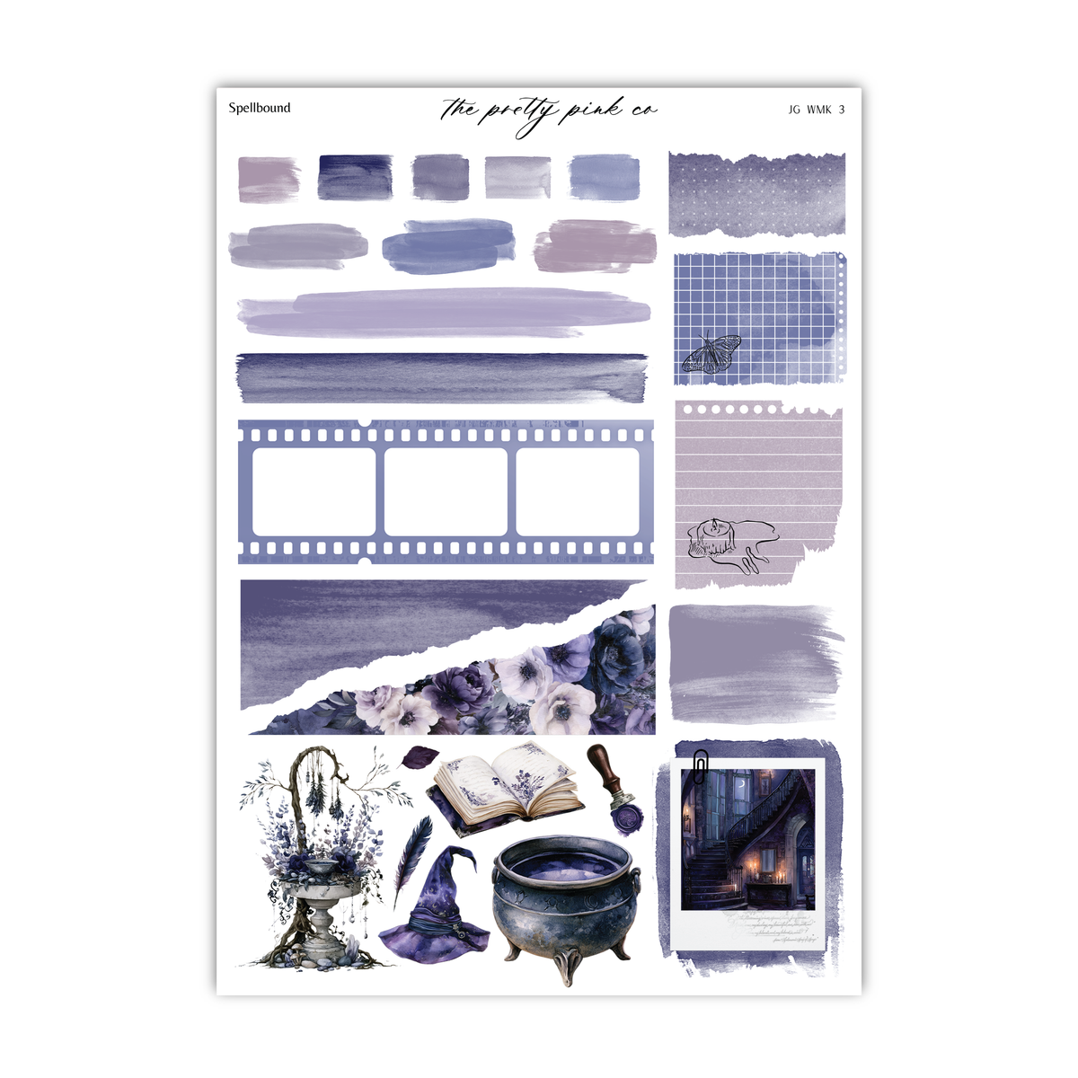 The image is a collection of various artistic elements, including watercolor paintings, film strips, and other decorative items, all set against a white background.