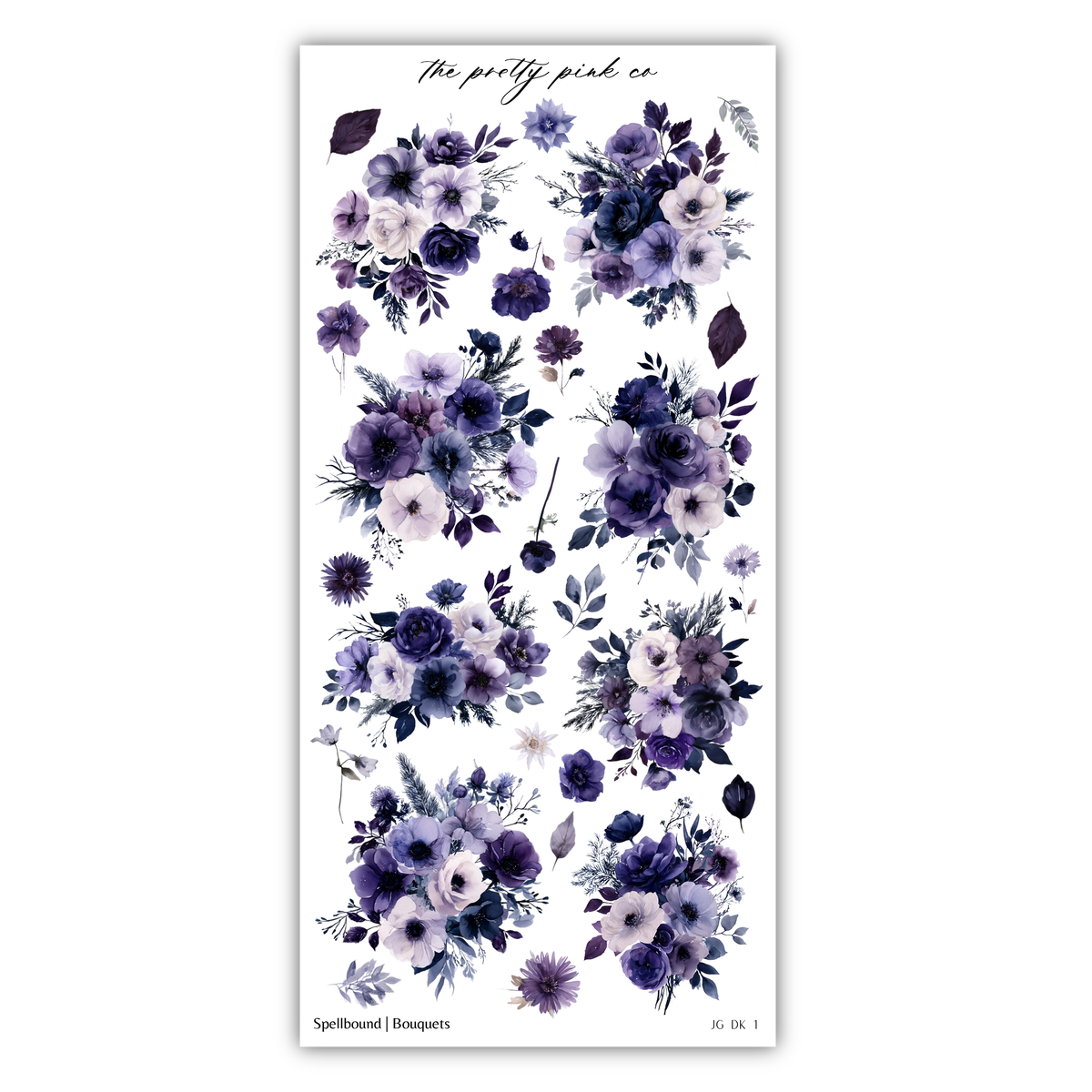 a collection of various purple and blue floral arrangements, including different types of flowers and leaves. The flowers are arranged in a visually appealing manner, creating a sense of harmony and balance. The image does not contain any text or additional objects, and the focus is solely on the floral arrangements.