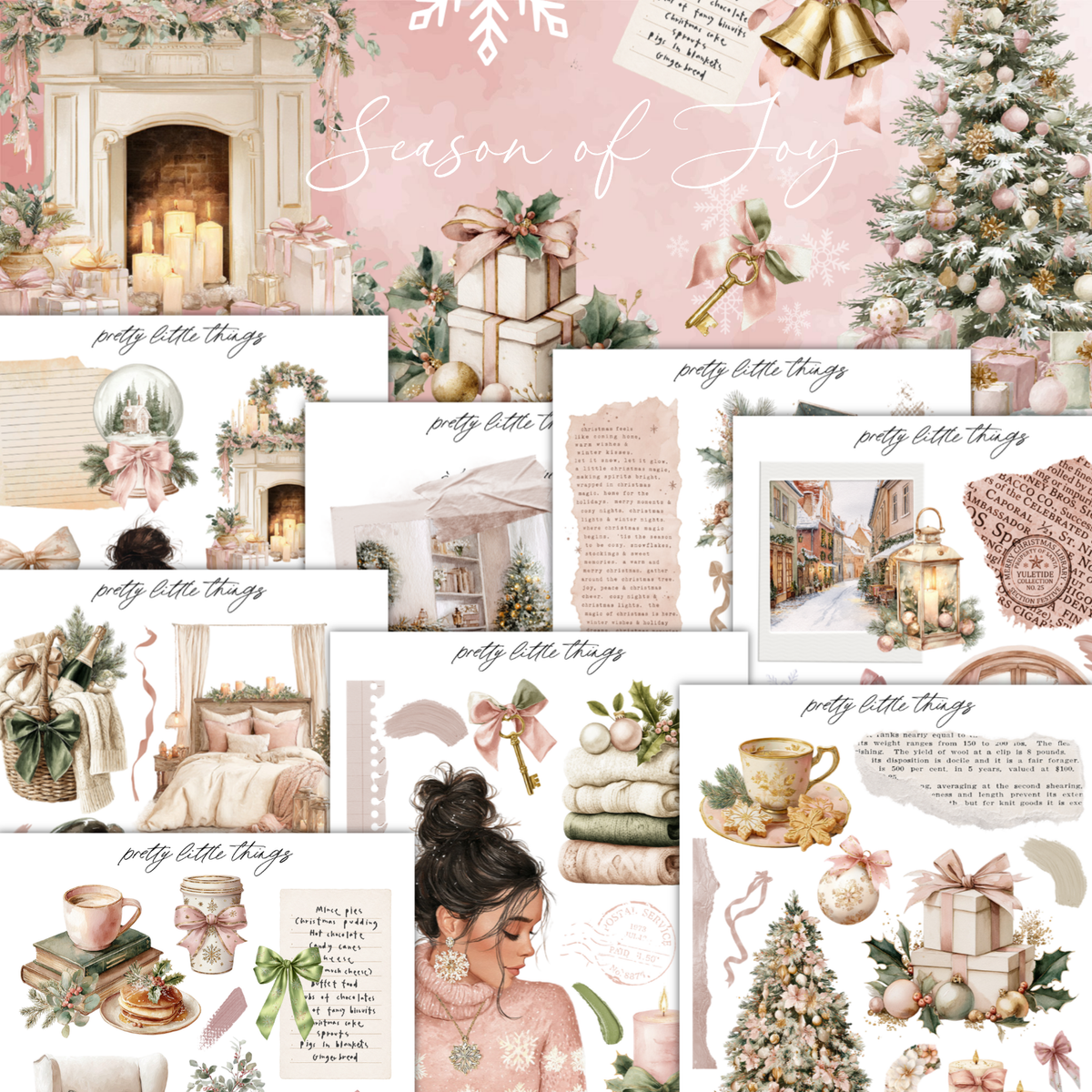 The image is a collage of various Christmas-themed images, including a Christmas tree, presents, and other holiday decorations. The collage is titled "Season of Joy" and features a variety of pretty little things, such as a woman's face, a cup, and other festive elements.
