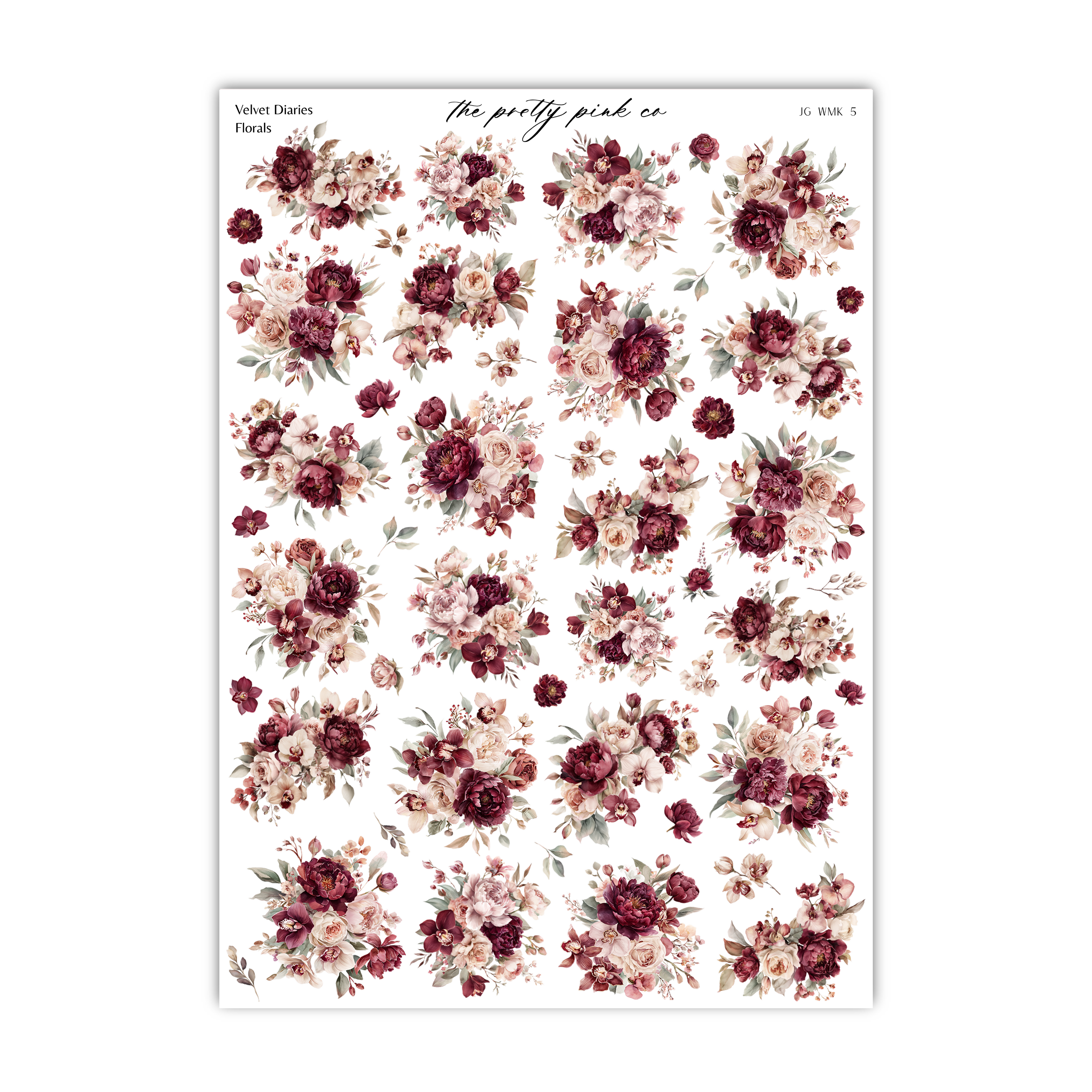 a collection of floral designs, including various types of flowers and leaves, arranged in a grid-like pattern. The designs are predominantly burgundy and pink in color, creating a visually appealing and harmonious composition.