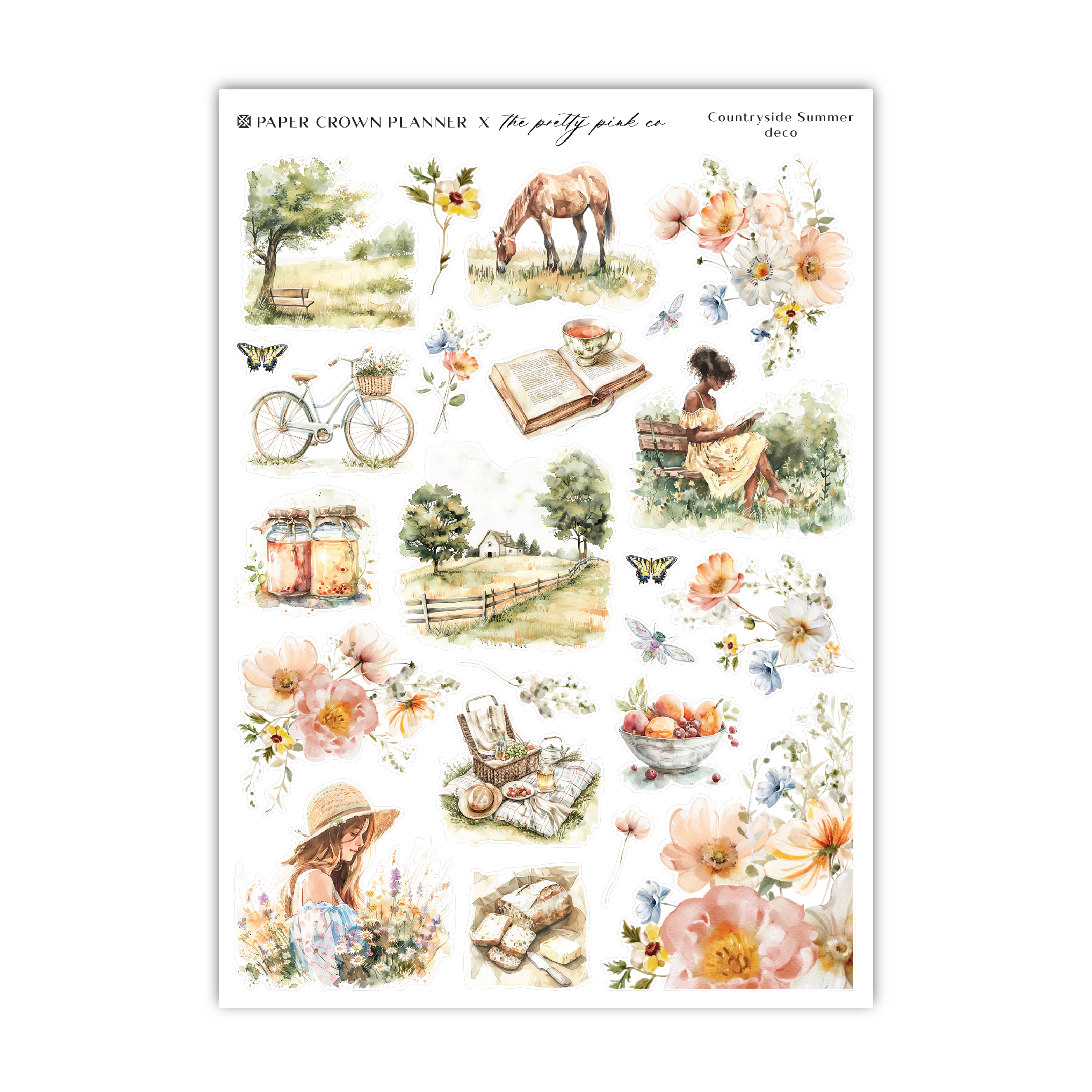 a sheet of stickers with a picture of a girl and a horse