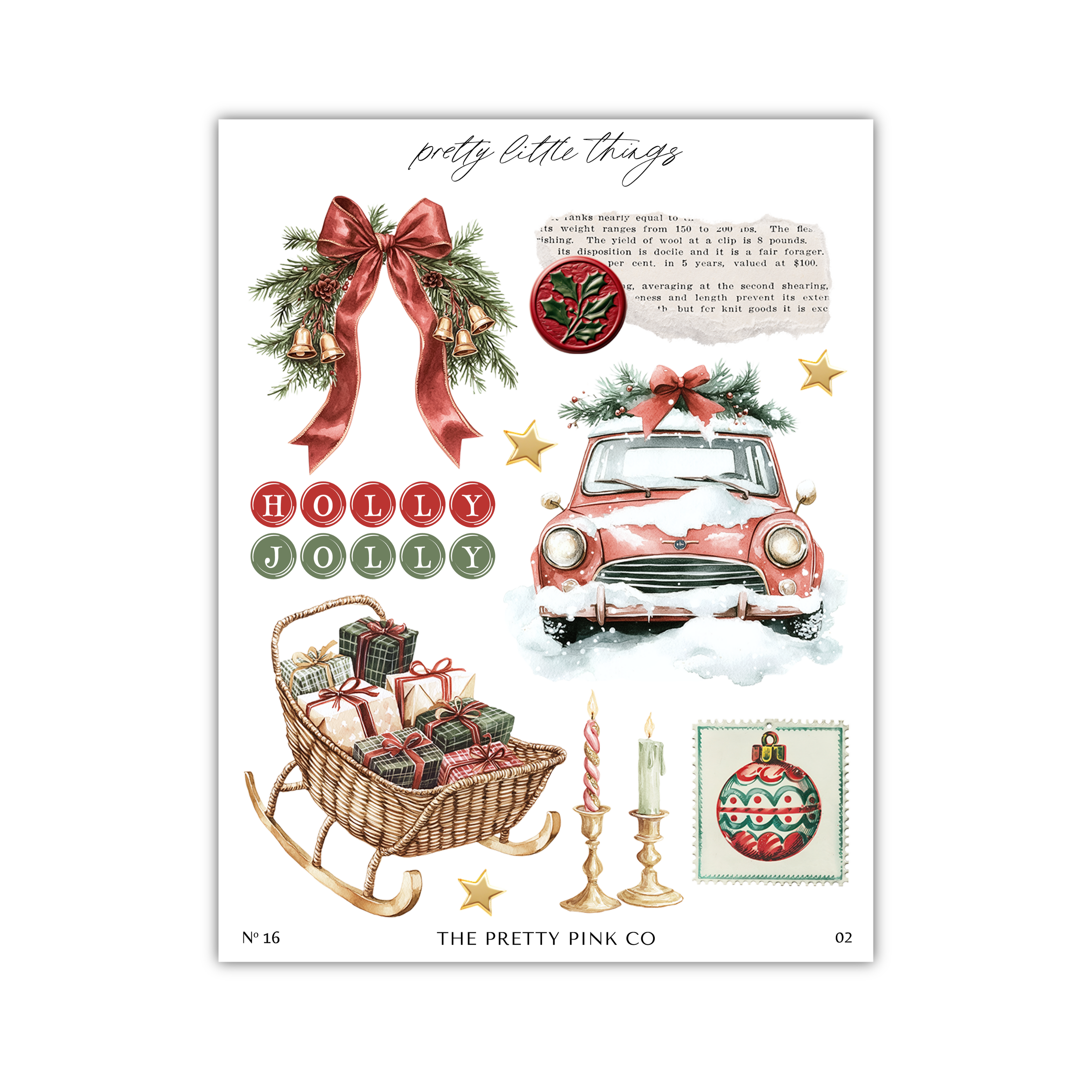 The image is a collage of various Christmas-themed elements, including a red car, a wicker sled filled with presents, a Christmas tree, and other holiday decorations. The collage is titled "pretty little things" and includes text that reads "Holly Jolly" and "The pretty pink co".
