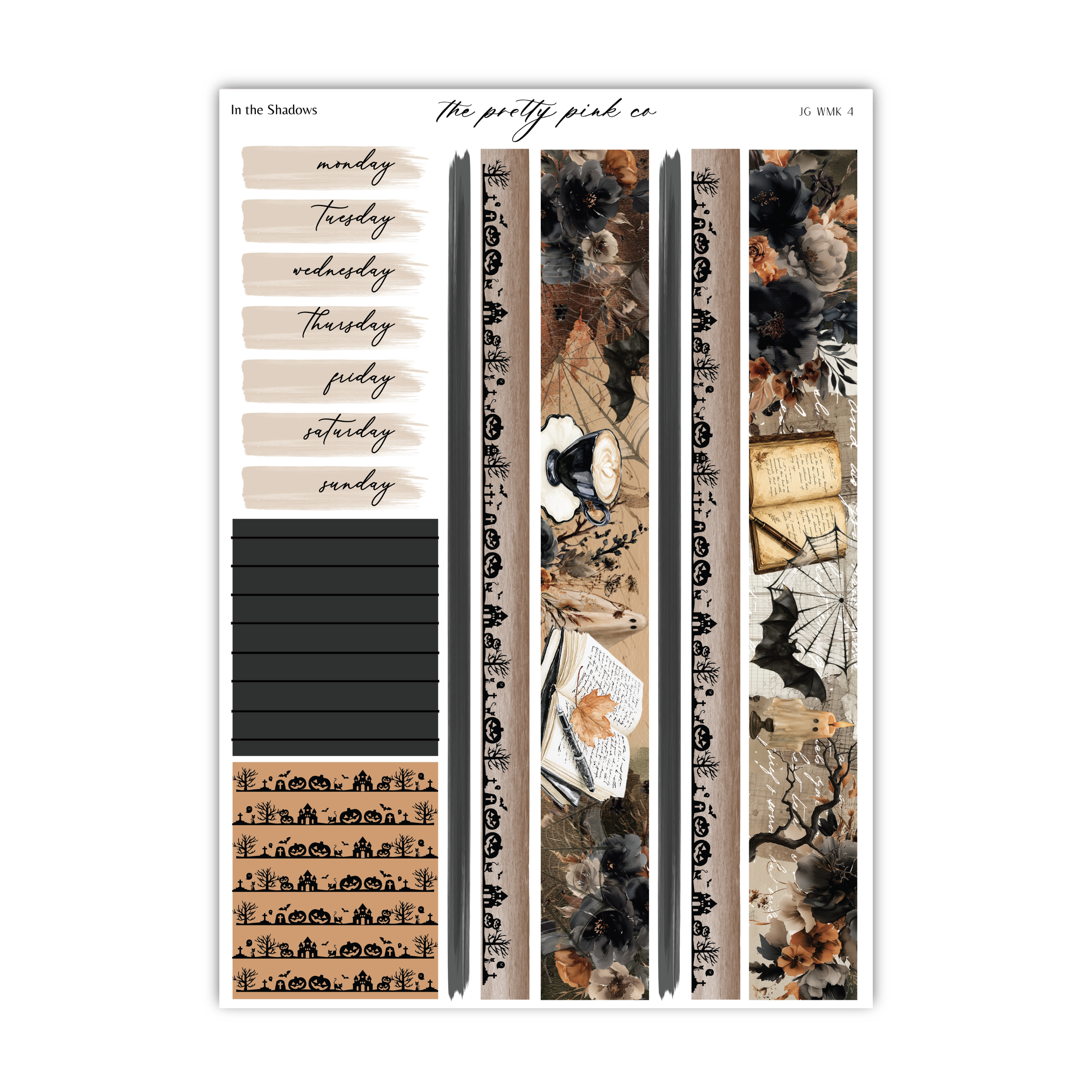 The image is a collage of Halloween-themed elements, including a black and white striped banner, a black and white striped pattern, and a black and white striped pattern with floral designs.