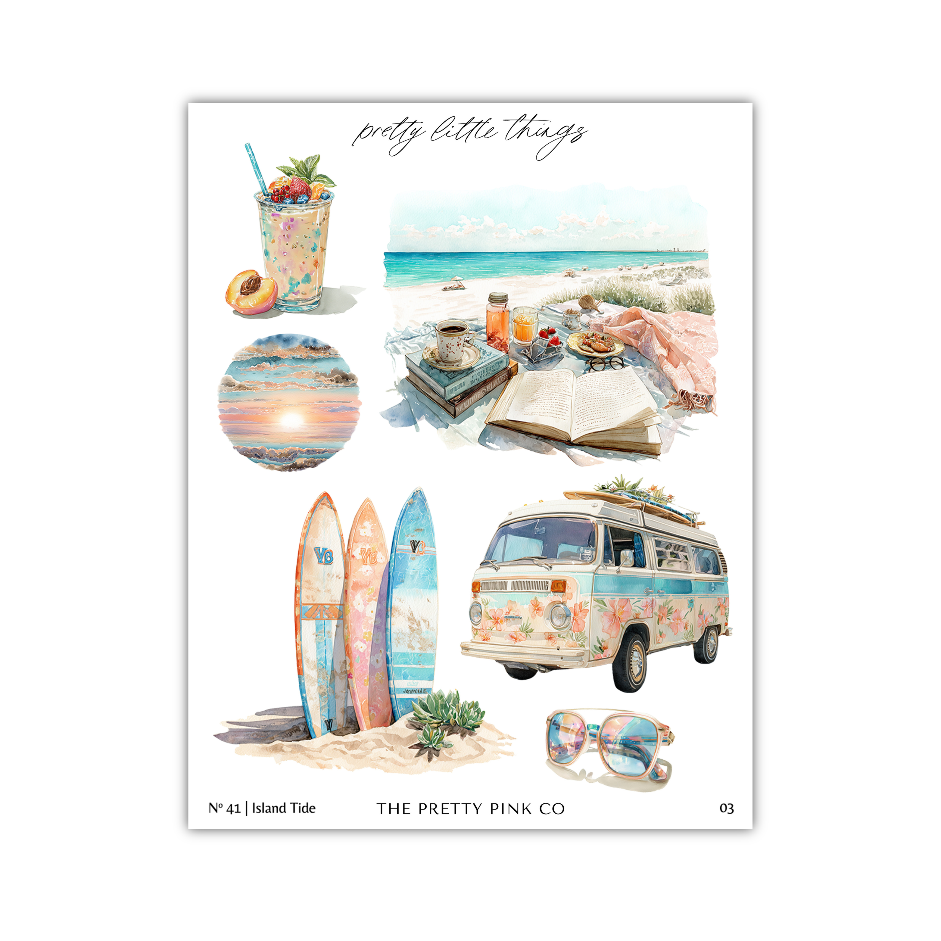 The image is a collage of various beach-related items and scenes, including a surfboard, a van, a book, a picnic, and a sunset.