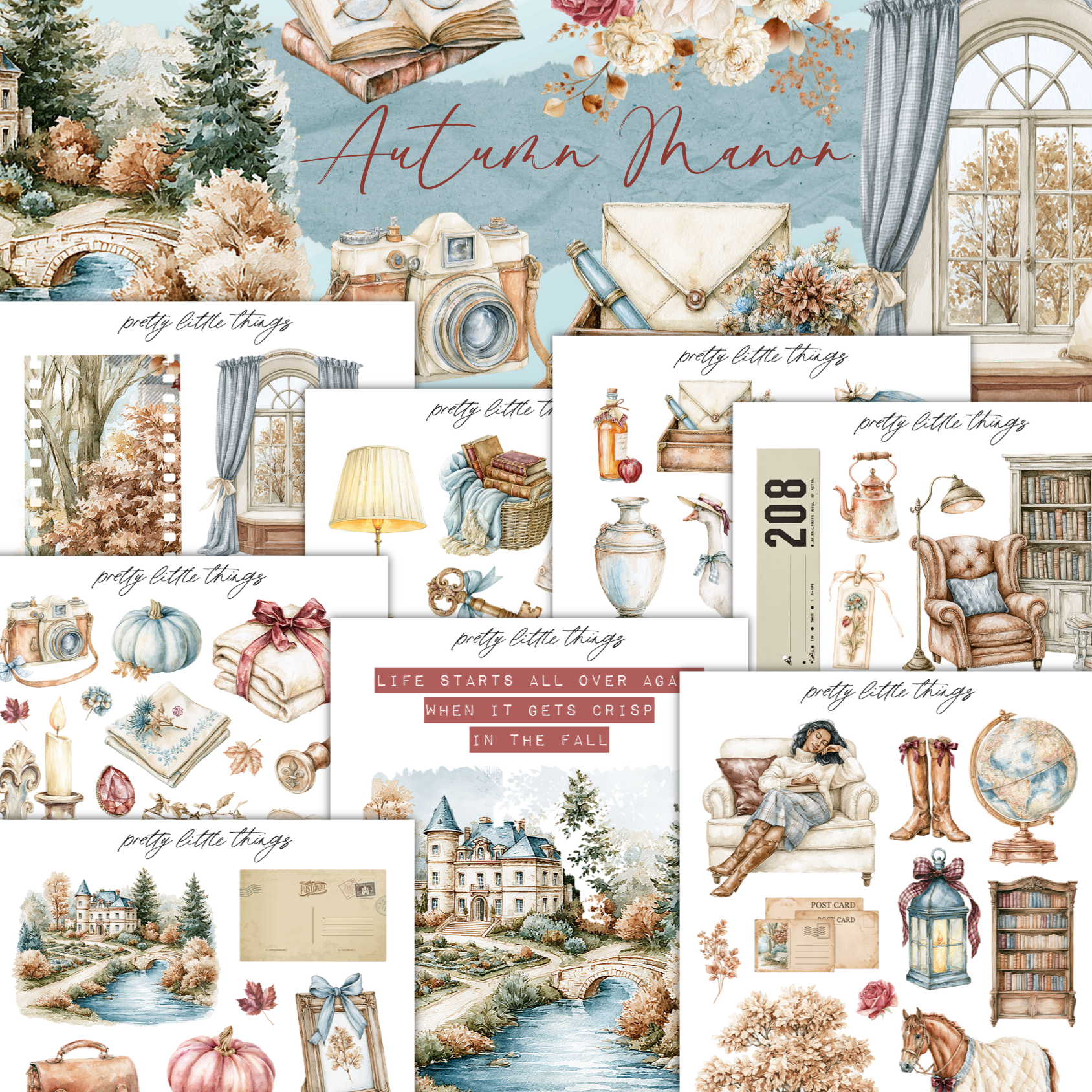 The image is a collage of various autumn-themed illustrations, including a castle, a fireplace, pumpkins, and other seasonal objects. The collage is titled "Autumn Manor" and includes text that describes the illustrations, such as "polly little things" and "life starts all over again when it gets crisper in the fall".