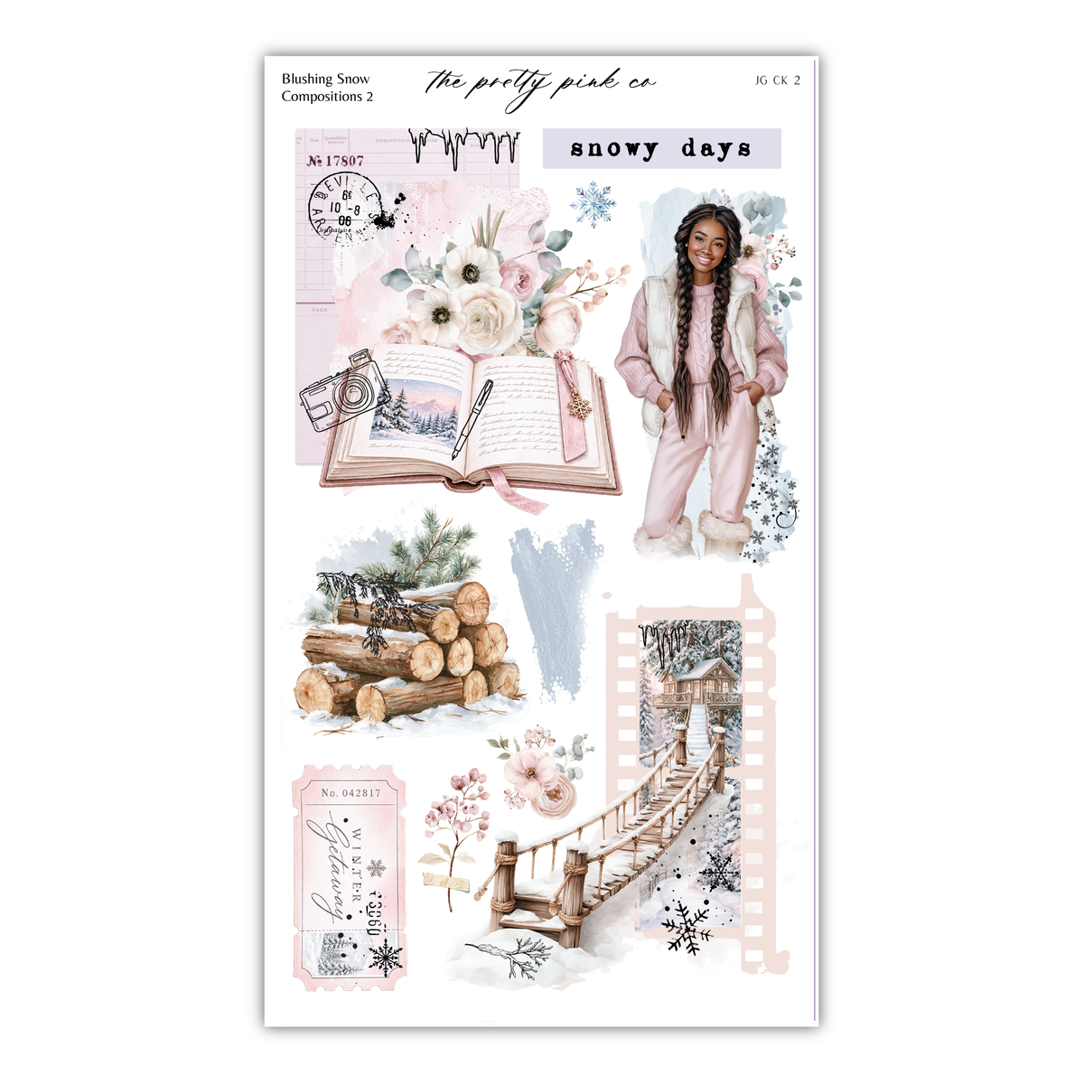 The image is a collage of various winter-themed elements, including a woman in a pink outfit, a book, flowers, logs, and a bridge. The collage is titled "Blushing Snow" and "The pretty pink co", and it features a total of 12 images.