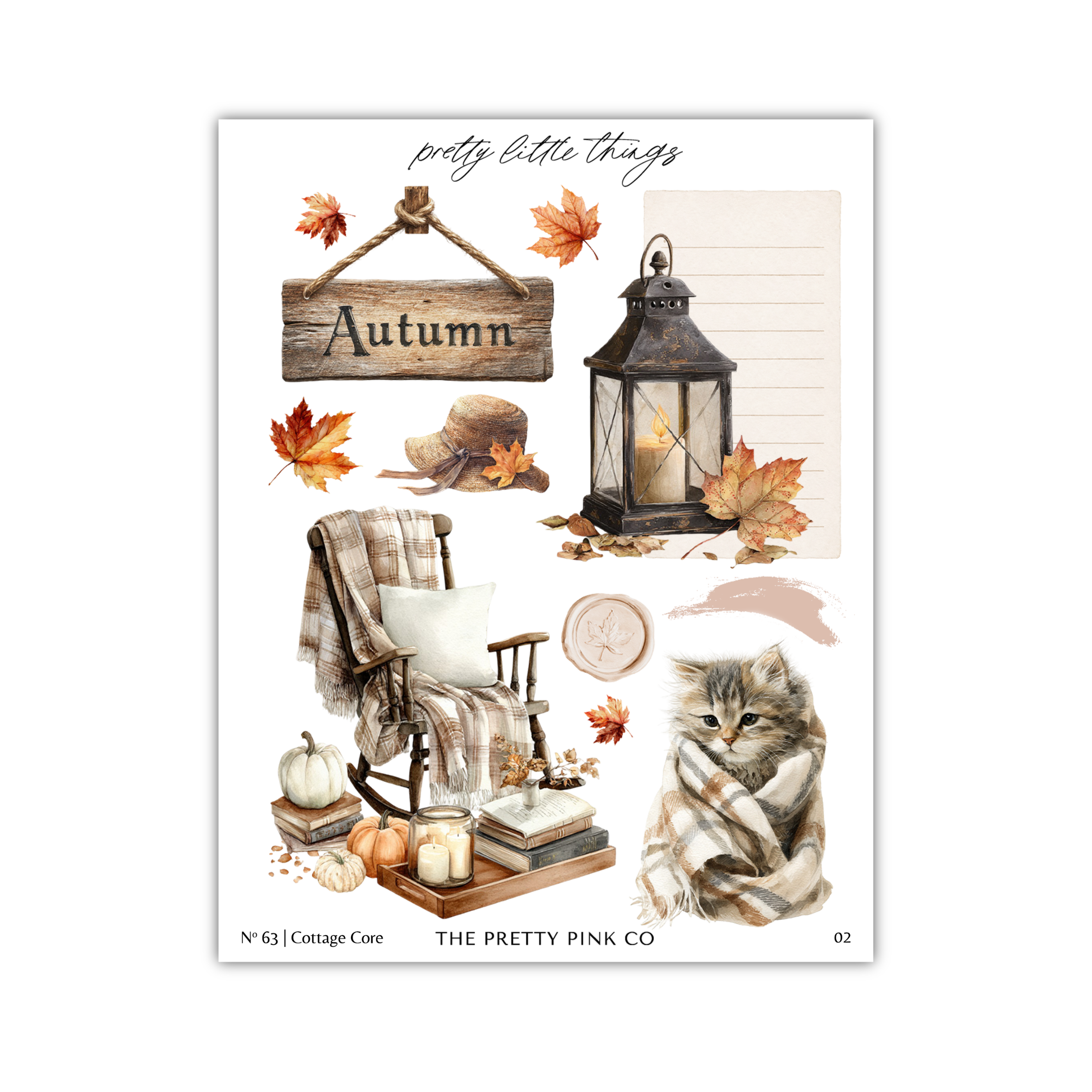 The image is a collage of various autumn-themed items, including a wooden sign, a lantern, a rocking chair, a cat wrapped in a blanket, pumpkins, and books.