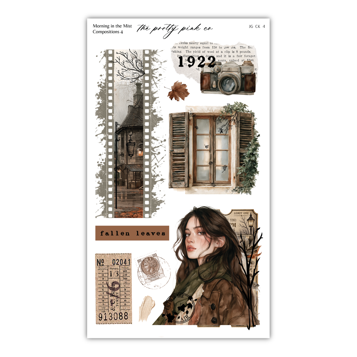 The image is a collage of various elements, including a woman, a vintage camera, a building, and fallen leaves. The collage appears to be a creative and artistic composition, with a focus on the woman and the surrounding elements.
