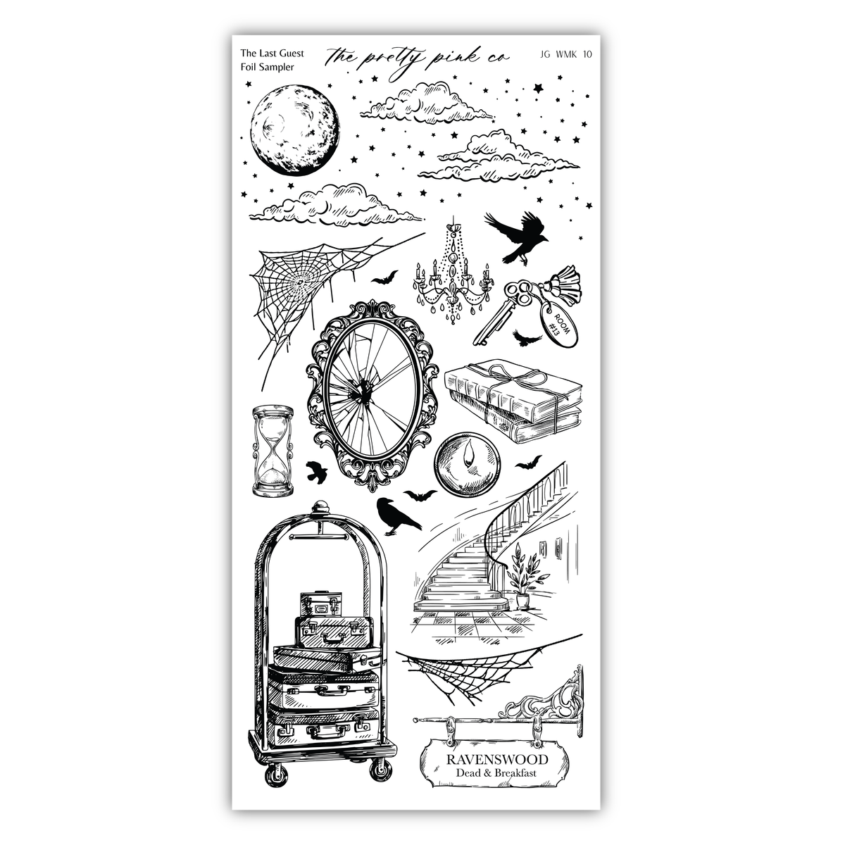 various hand-drawn illustrations and objects, including a clock, a suitcase, a bird, a spider web, a staircase, and other decorative elements. The image is a collage of multiple images, and the text is not described in detail.