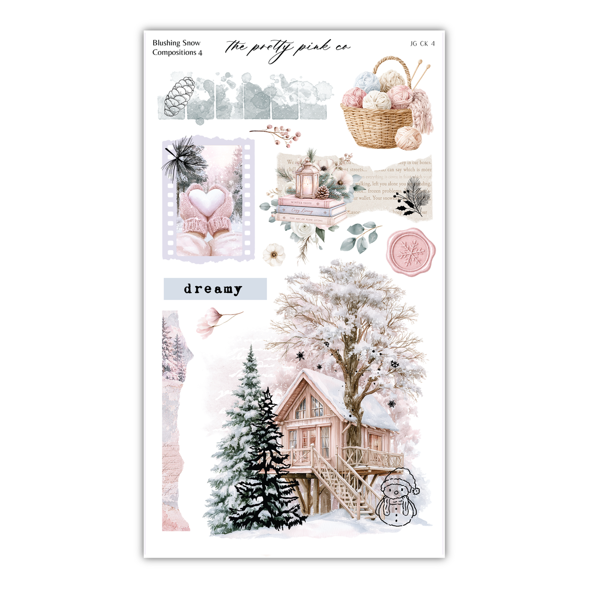 The image is a collage of various winter-themed elements, including a snowy tree, a house, a basket of yarn, and a bird. The collage also includes a heart, a snowflake, and a snowman. The overall color palette is predominantly pink and white, with some green and brown accents. The collage appears to be a creative and artistic representation of winter and its associated elements.