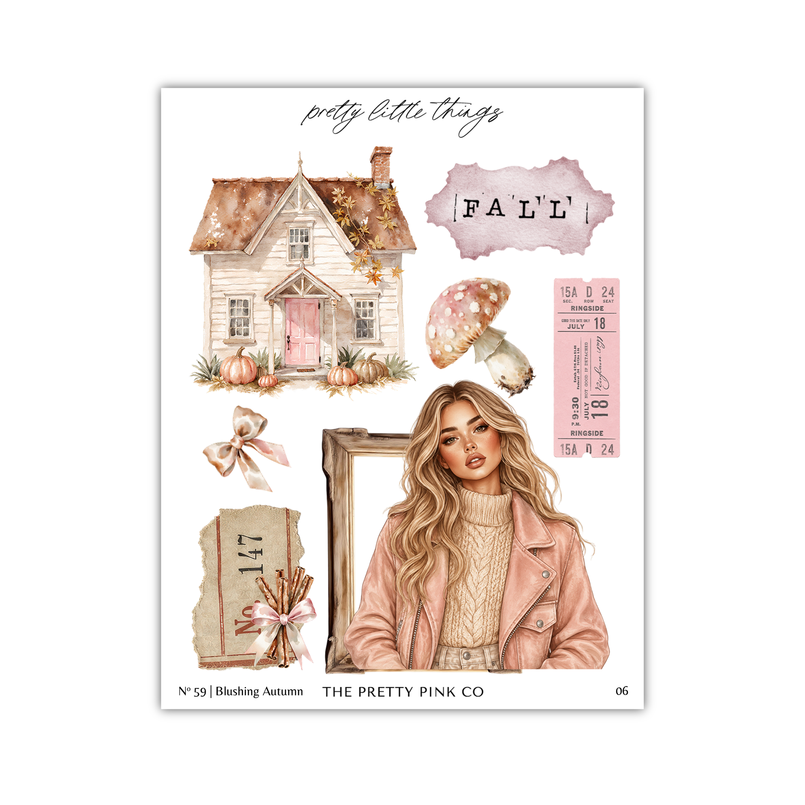 The image is a collage featuring a woman in a pink jacket, a house, a mushroom, and autumn-themed elements such as pumpkins and a bow.