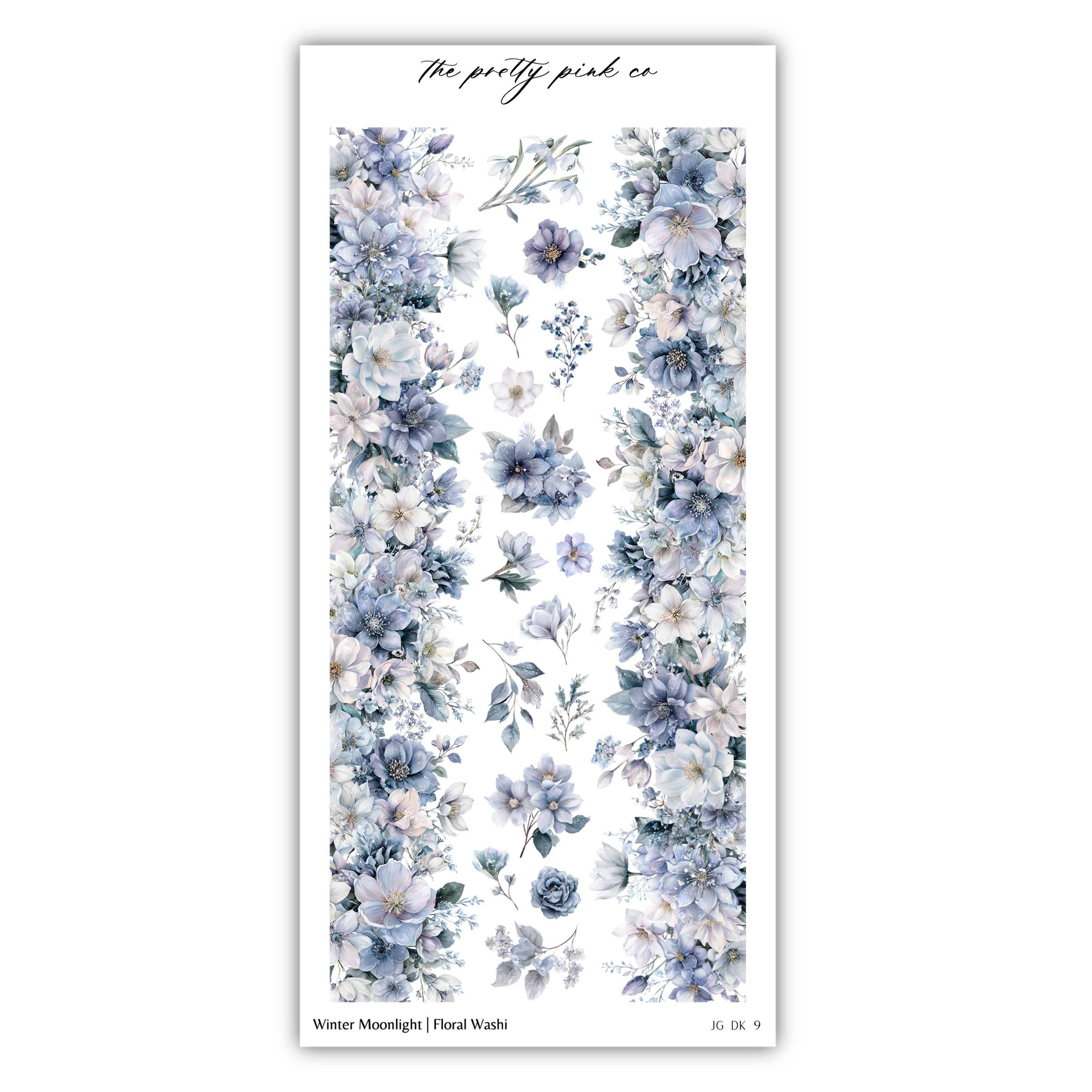 The image is a collage of various floral designs, including a repeating pattern of blue and white flowers and leaves. The collage is titled "Winter Moonlight | Floral Mushi" and includes the text "The pretty pink co" at the top.