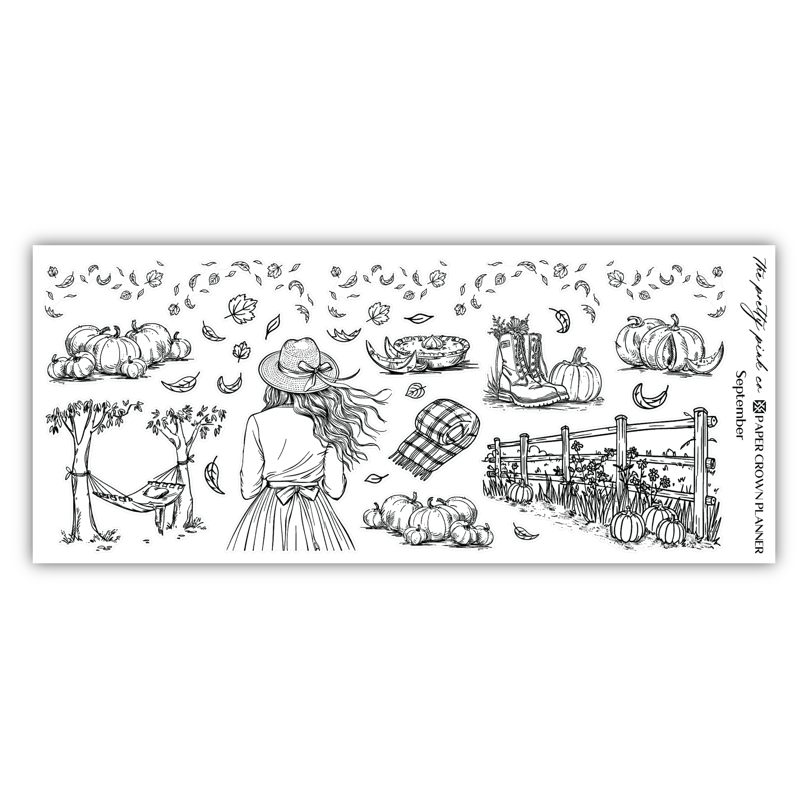 a drawing of a woman with a hat and pumpkins