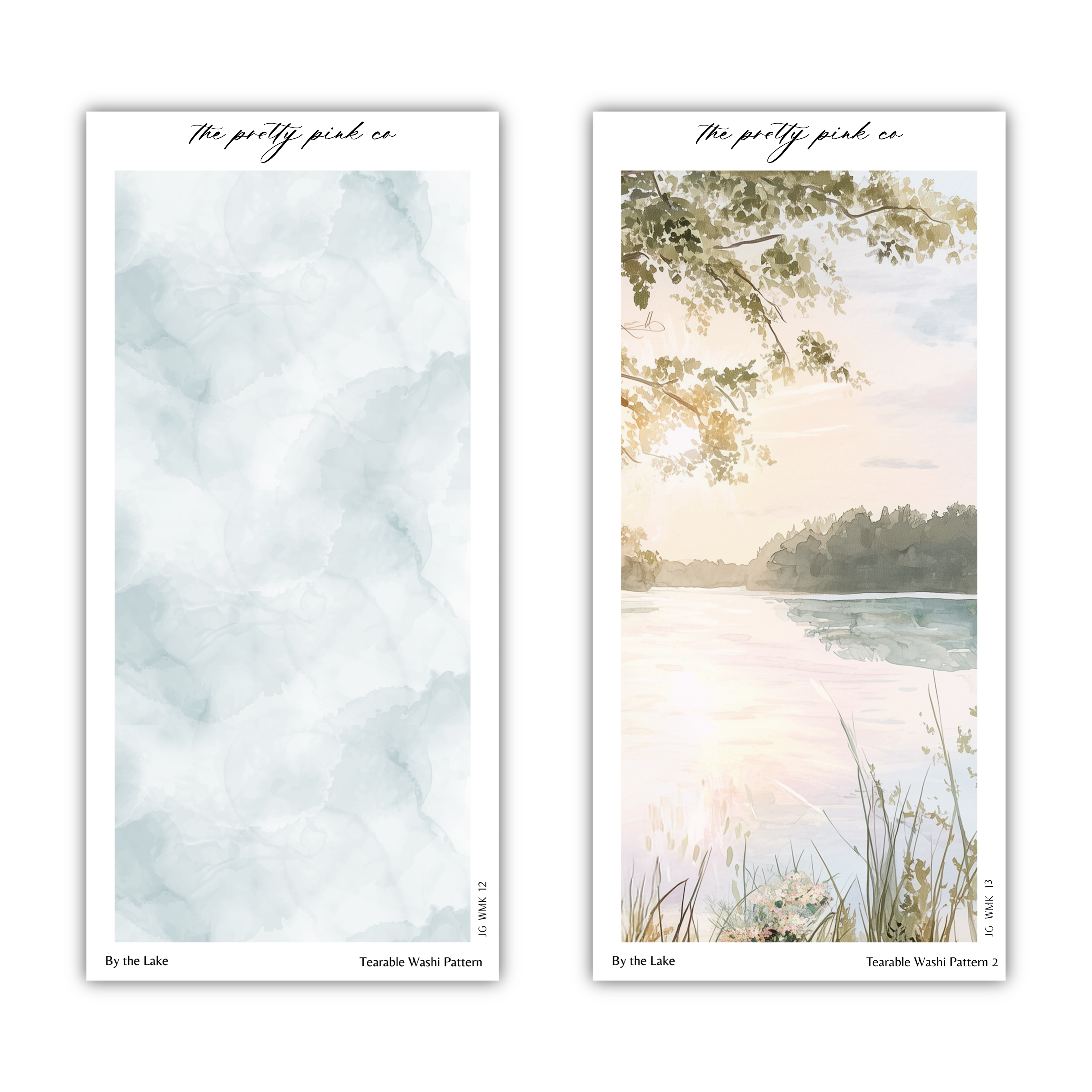 two separate pictures, one depicting a serene lake with trees and the other showing a peaceful landscape with a body of water. The text above the images reads "The pretty pink co" and "By the Lake" and "Terrable Wash Pattern 2".